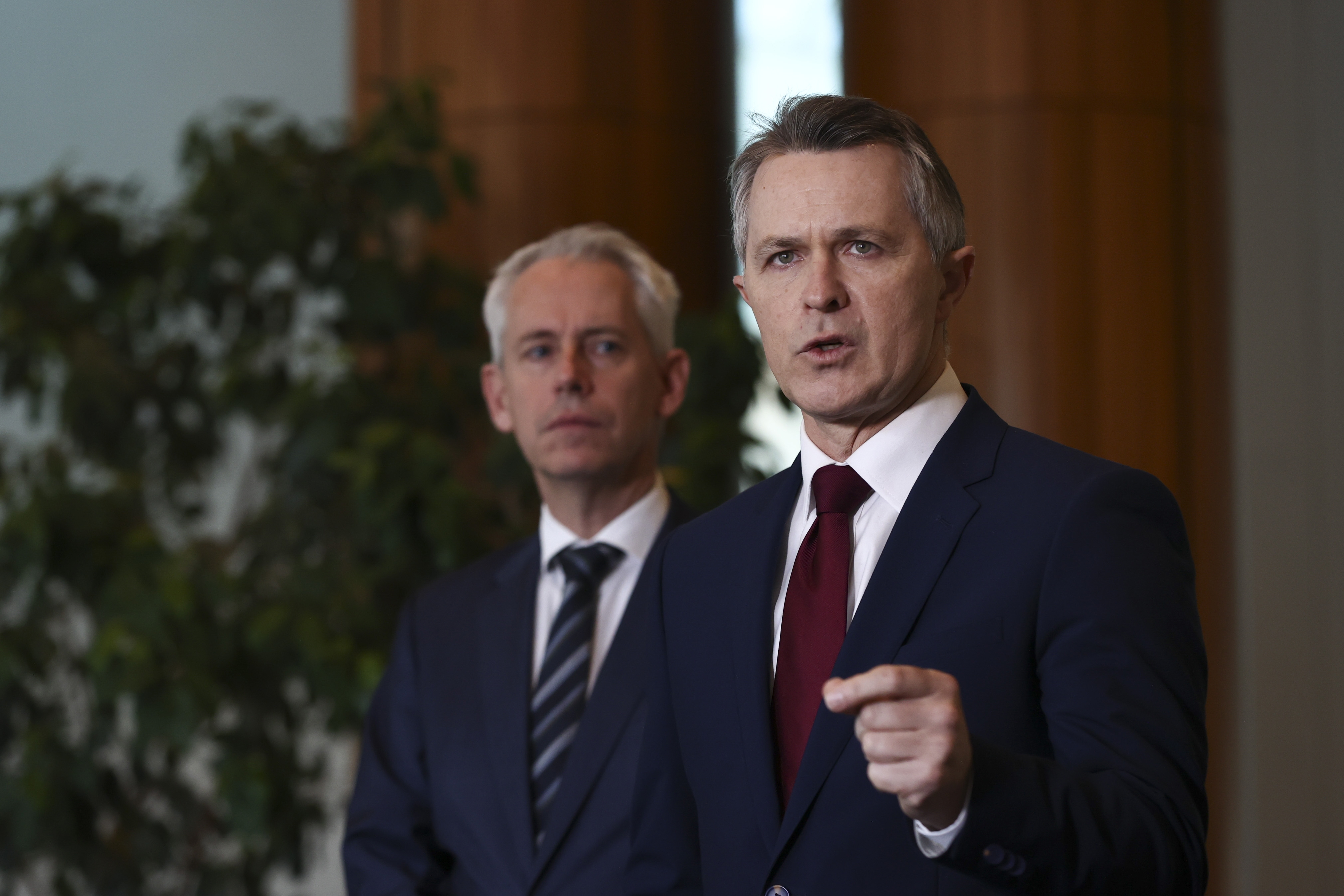 Minister for Skills and Training Andrew Giles, Minister for Education Jason Clare and Minister for Early Childhood Education Senator Jess Walsh during a doorstop at Parliament House in Canberra on July 23, 2025. fedpol Photo: Dominic Lorrimer