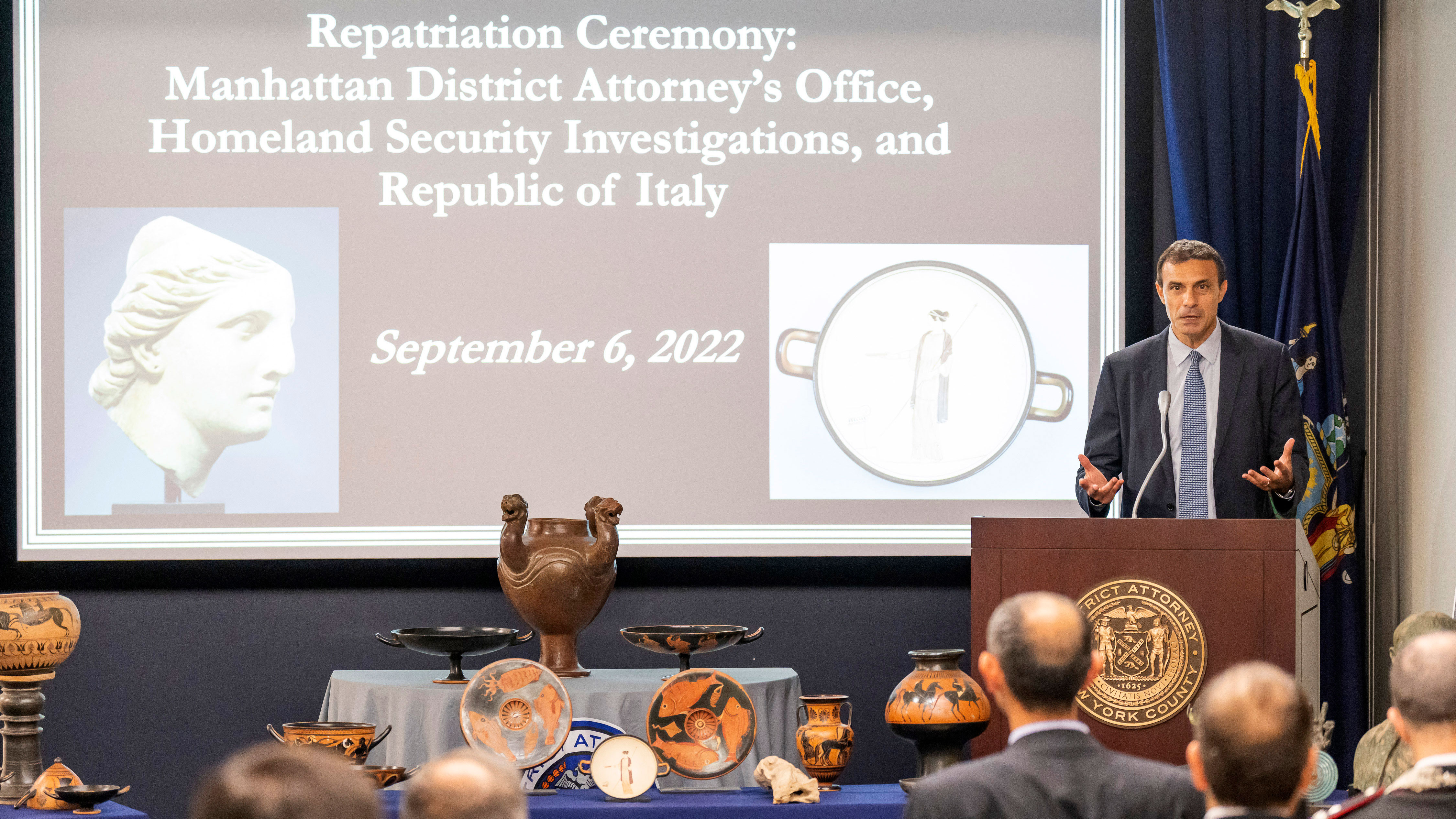 Consul General of Italy in New York, Fabrizio Di Michele speaks during a news conference and repatriation ceremony, announcing the return of stolen antiquities to Italy.