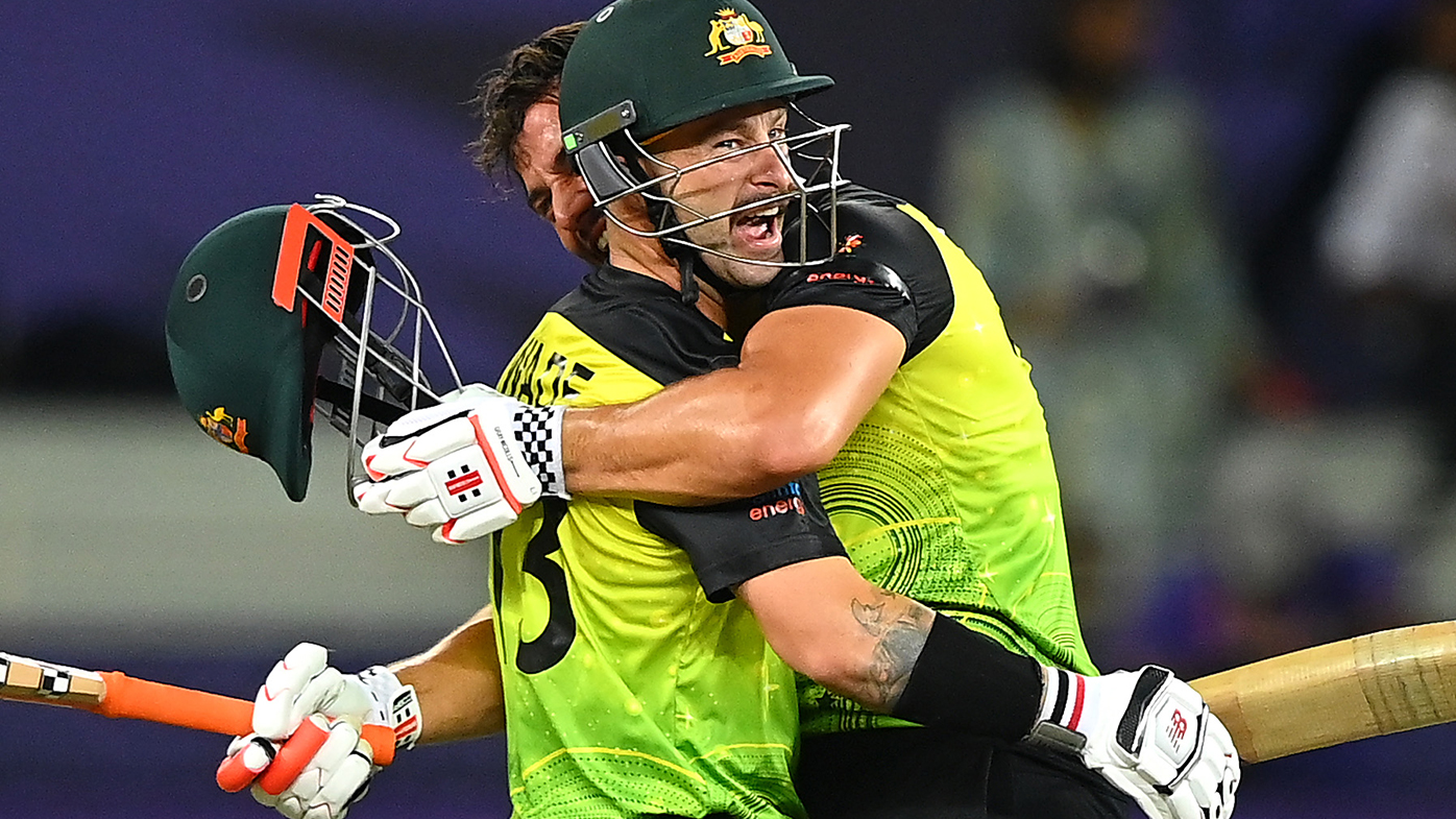 Matthew Wade and Marcus Stoinis celebrate Australia's T20 World Cup semi-final win.