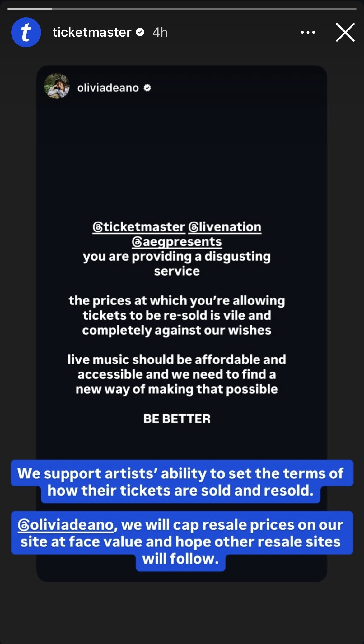 Ticketmaster responds to Olivia Dean's comments