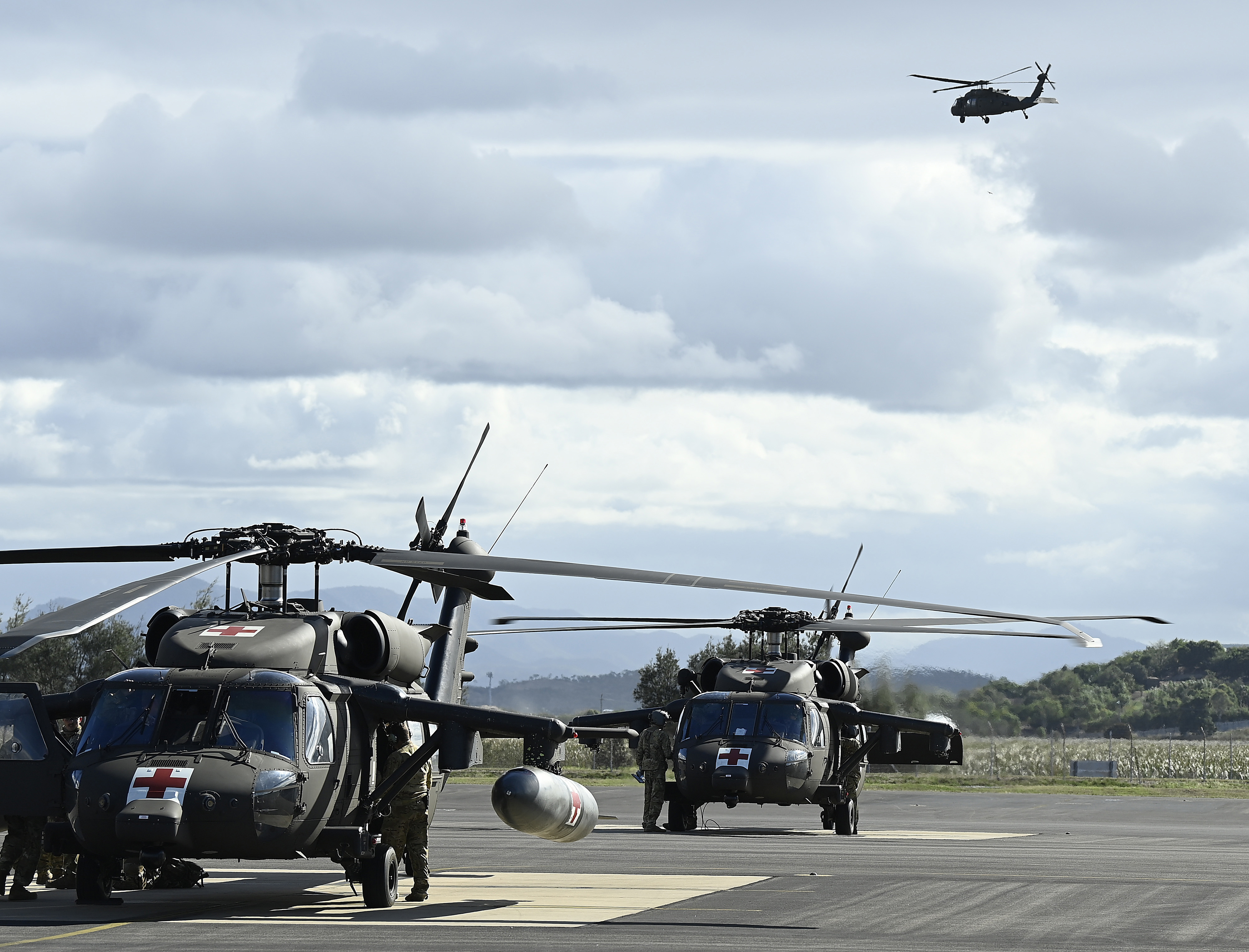 Blackhawk helicopters are seen at the Townsville airport as part of exercise 'Talisman Sabre 23' on July 27, 2023 in Townsville, Australia.