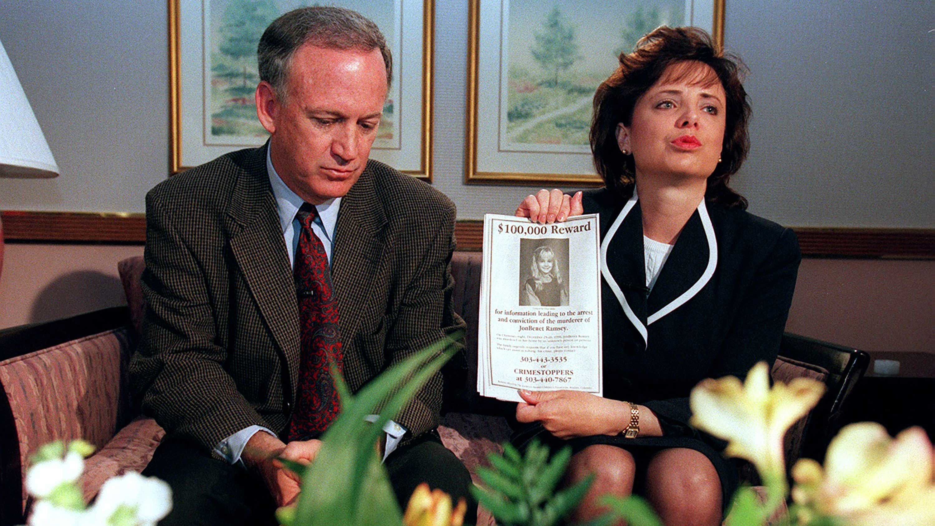 John and Patsy Ramsey, shown in May 1997, pleaded for the public's help in finding their daughter's killer. A $100,000 reward was established for information leading the the killer's arrest and conviction.