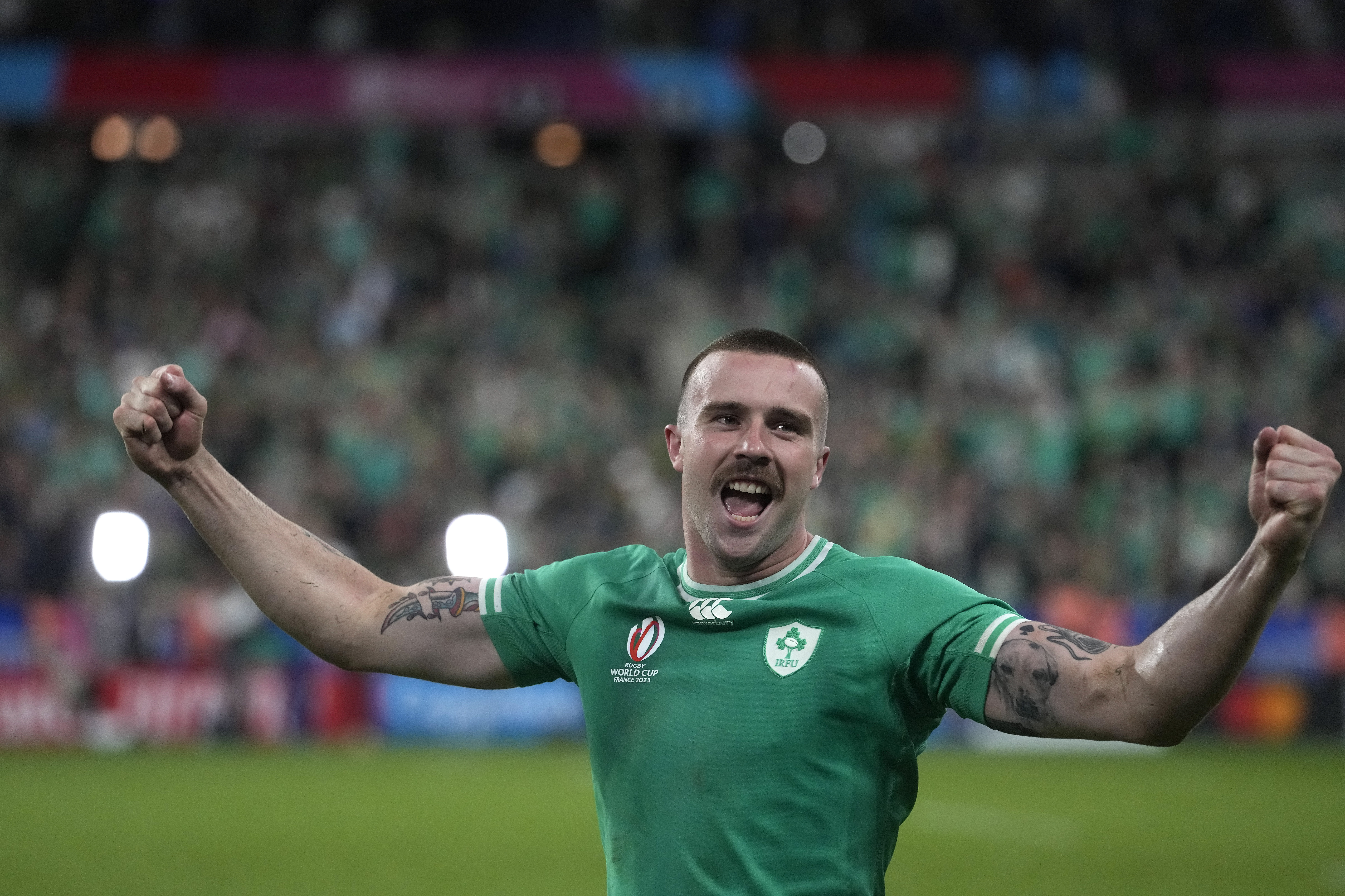Ireland's Mack Hansen celebrates at the end of the Rugby World Cup match against South Africa.