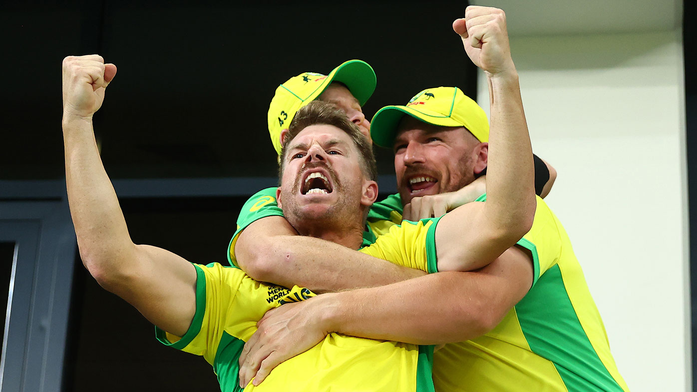 David Warner celebrating after Australia's T20 World Cup final win