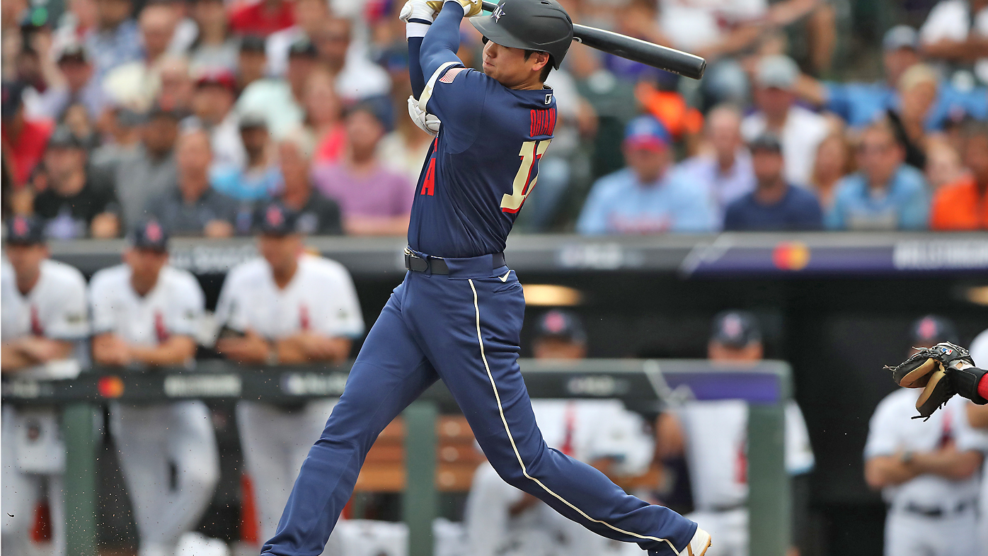 Shohei Ohtani #17 of the Los Angeles Angels bats during the 91st MLB All-Star Game 