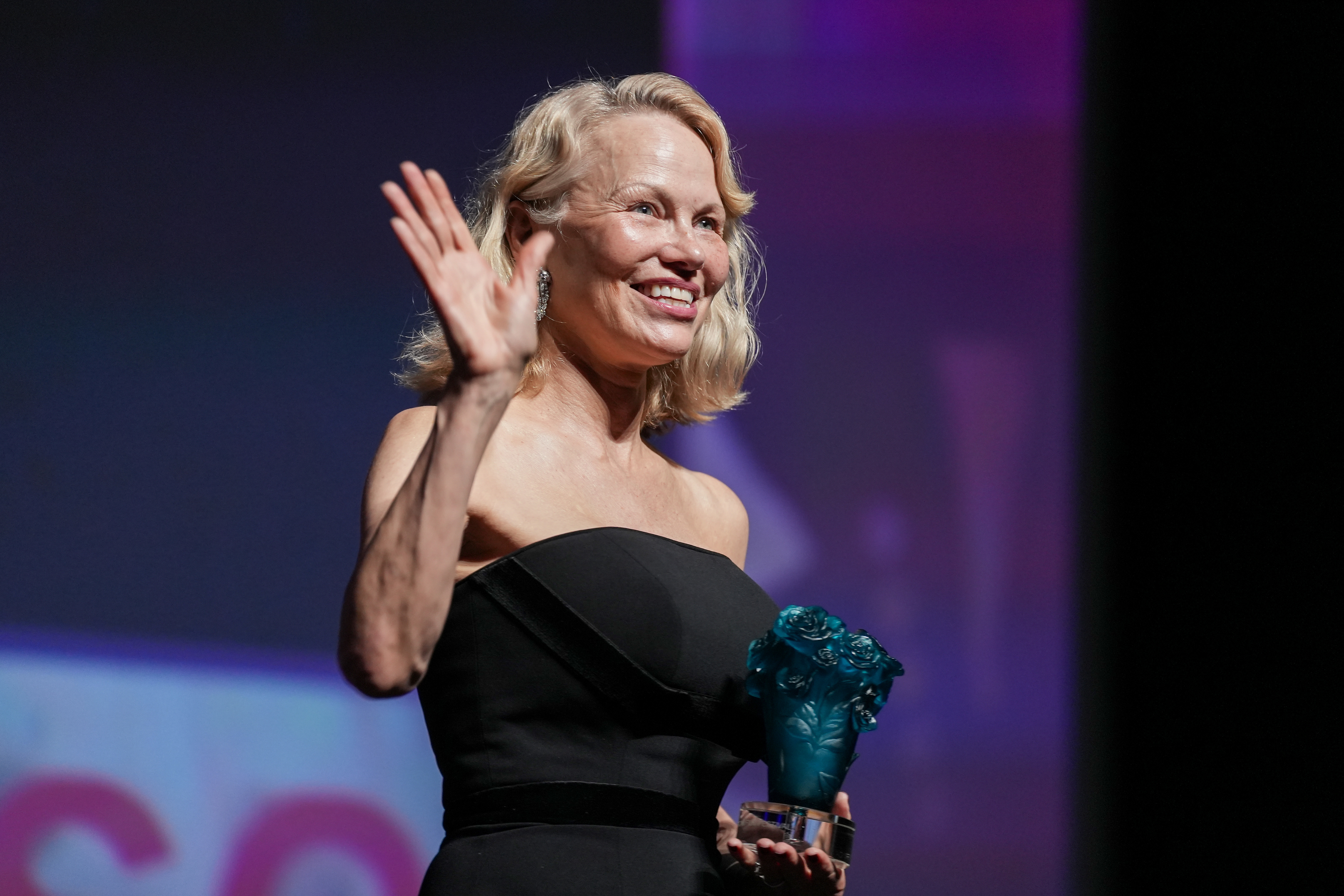 DEAUVILLE, FRANCE - SEPTEMBER 05: Pamela Anderson receives the Deauville Talent Award during the Opening Ceremony And Deauville Talent Award To Pamela Anderson during the 51st Deauville American Film Festival on September 05, 2025 in Deauville, France. (Photo by Francois Durand/Getty Images)
