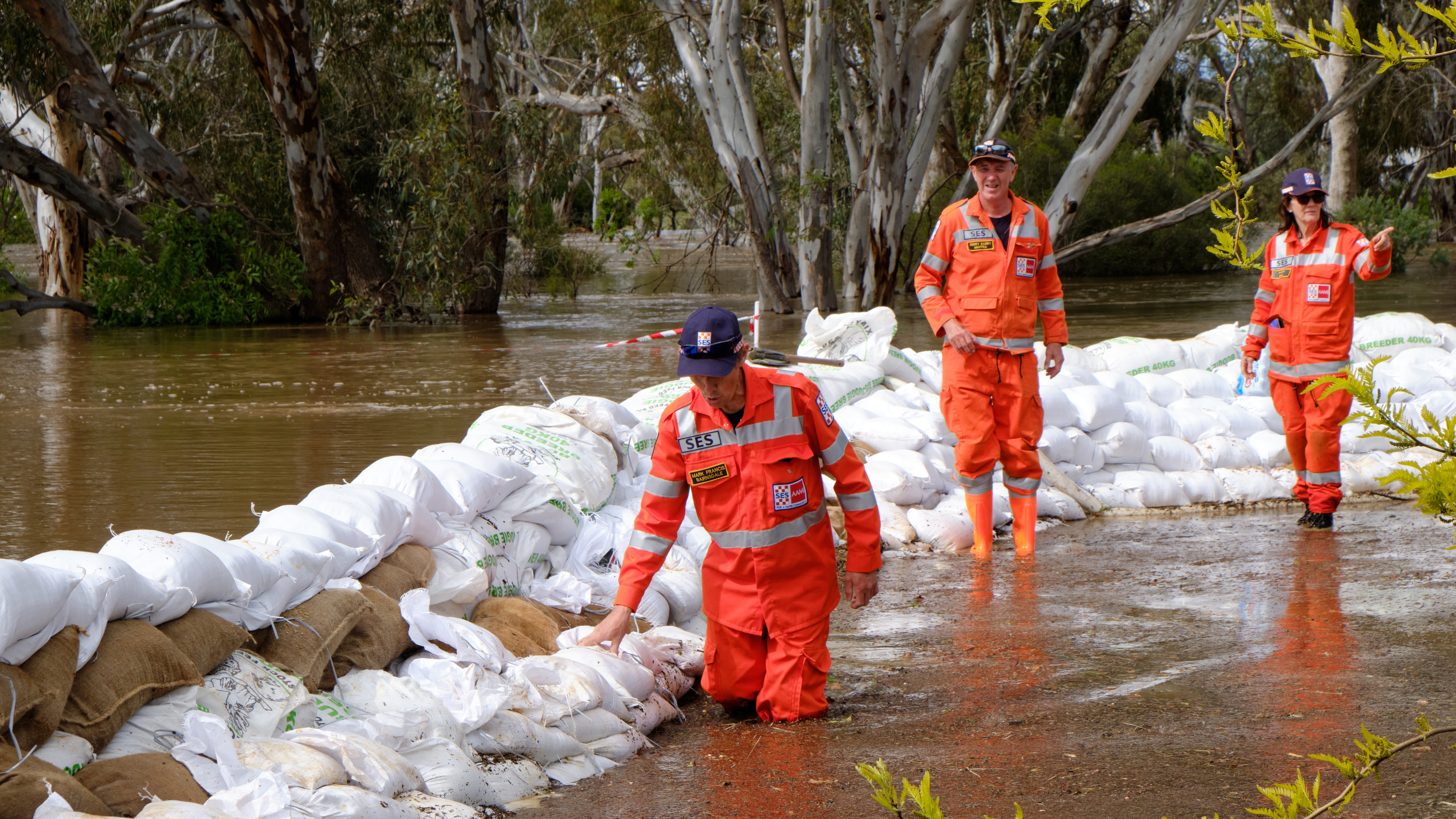 CFA, Army, and Airforce working together Sand baging along Campaspie Esp. In Echuca West