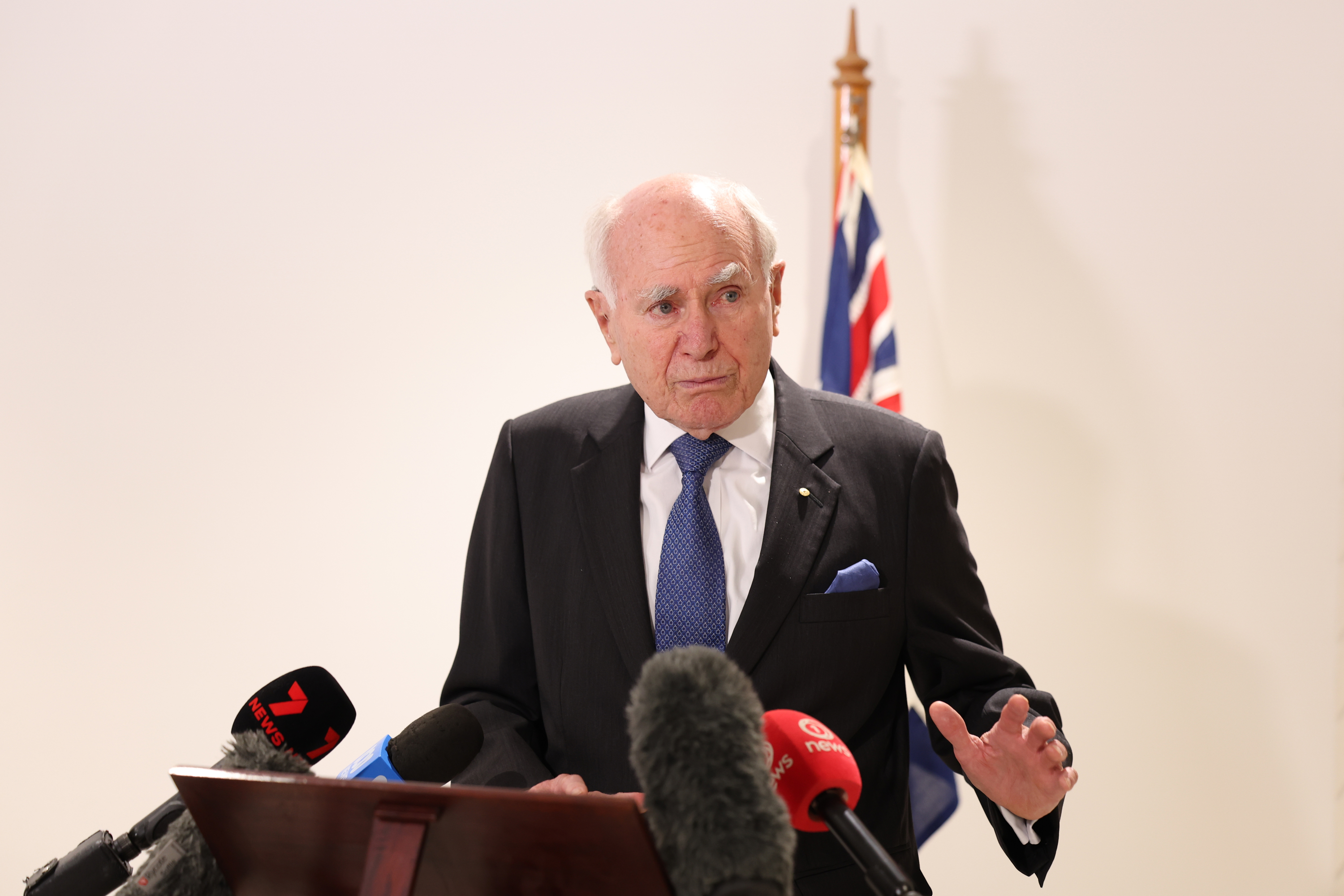 Former prime minister John Howard speaks to members of the media about the Bondi terror attack during a press conference in Sydney. Monday 16th December, 2025.
