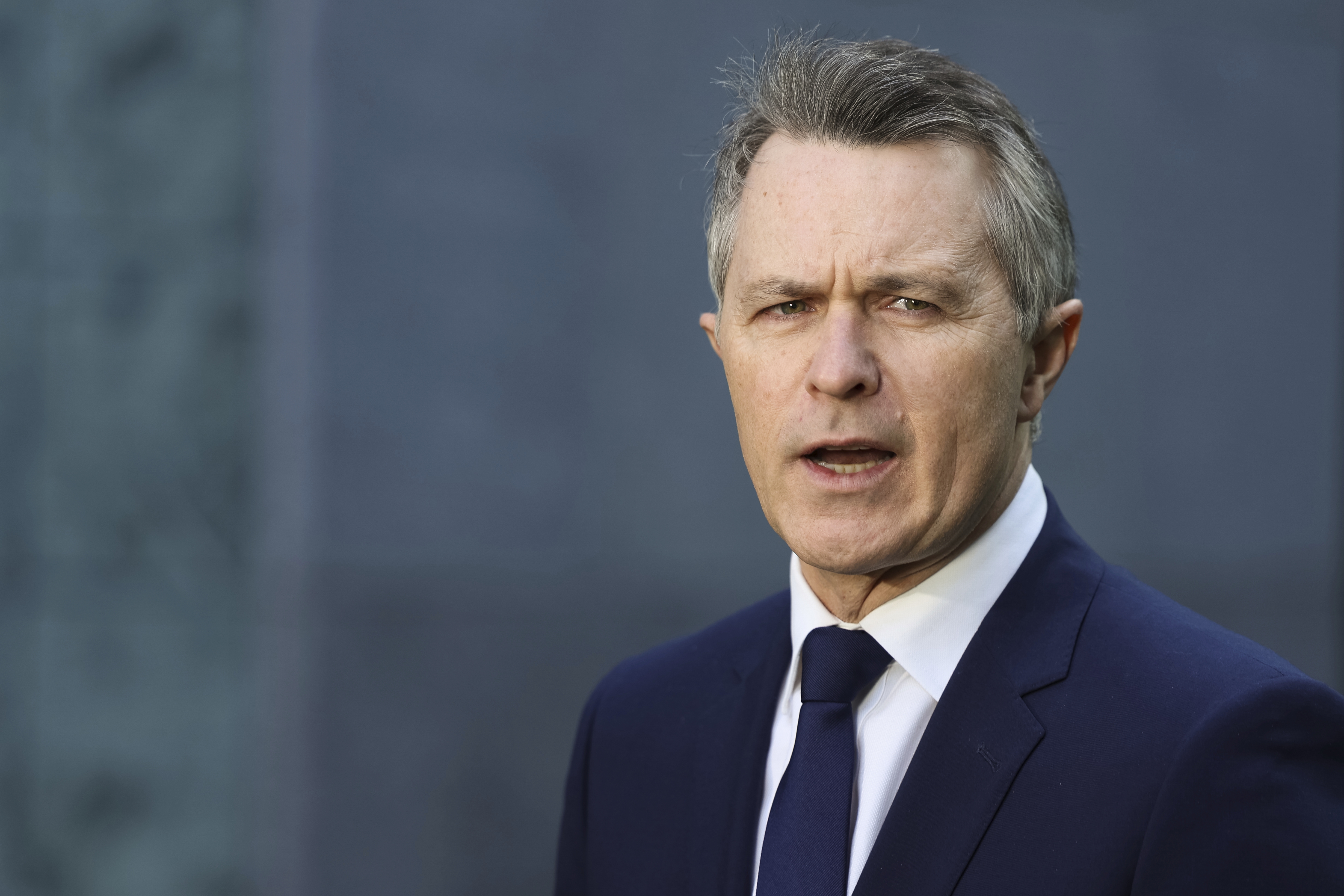 Minister for Education Jason Clare during a doorstop interview at Parliament House in Canberra on Thursday 31 July 2025. fedpol Photo: Alex Ellinghausen