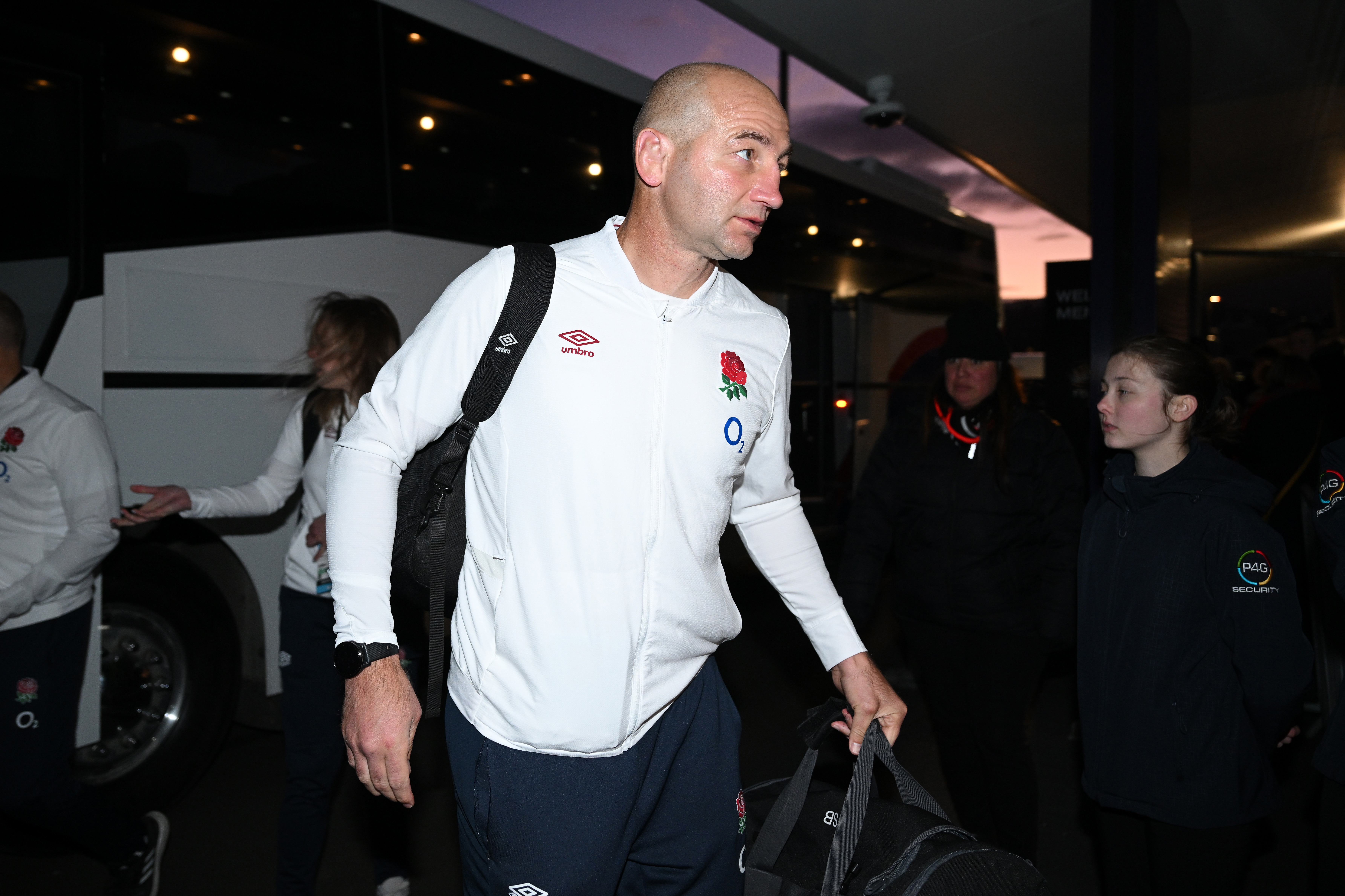 England coach Steve Borthwick arrives at Forsyth Barr Stadium in Dunedin.