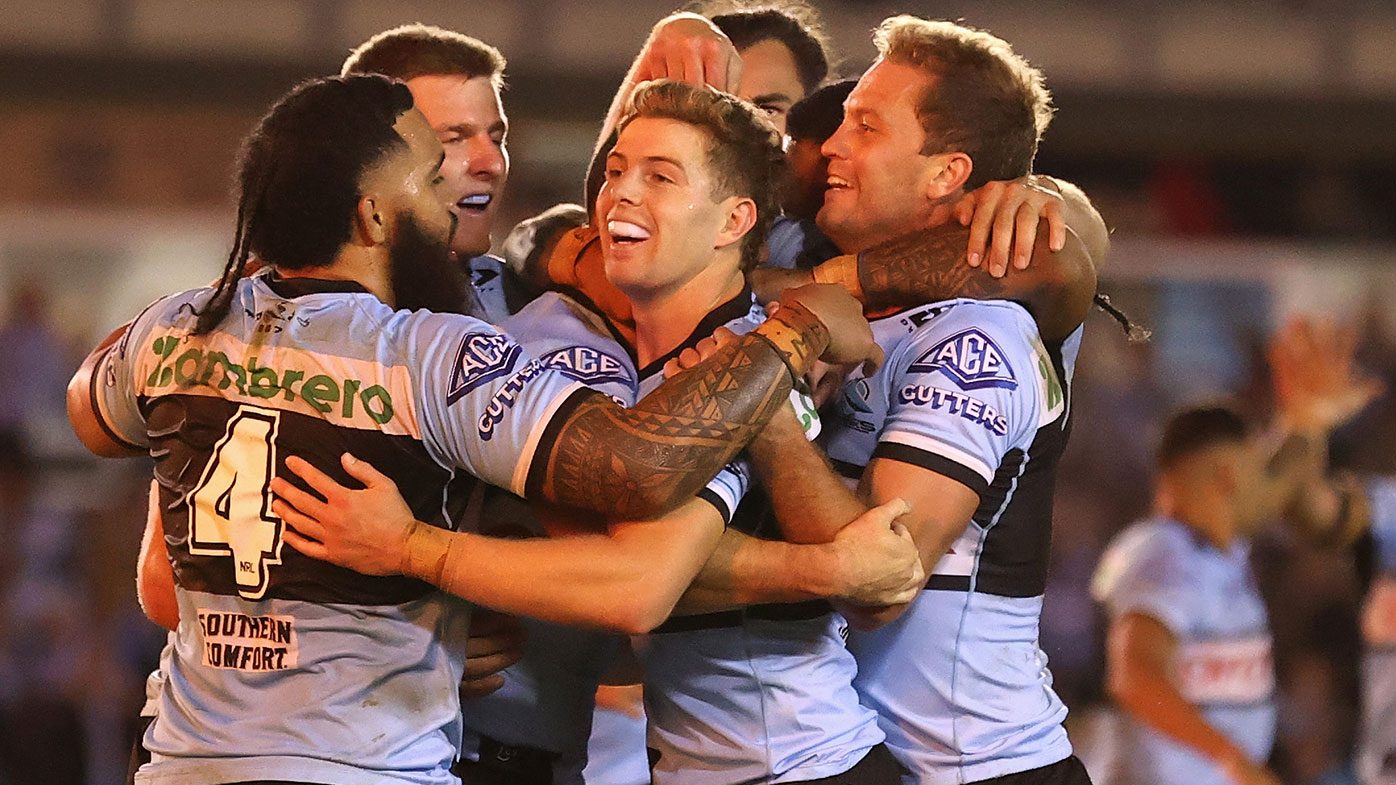 Sharks players celebrate during a recent win over the Warriors 