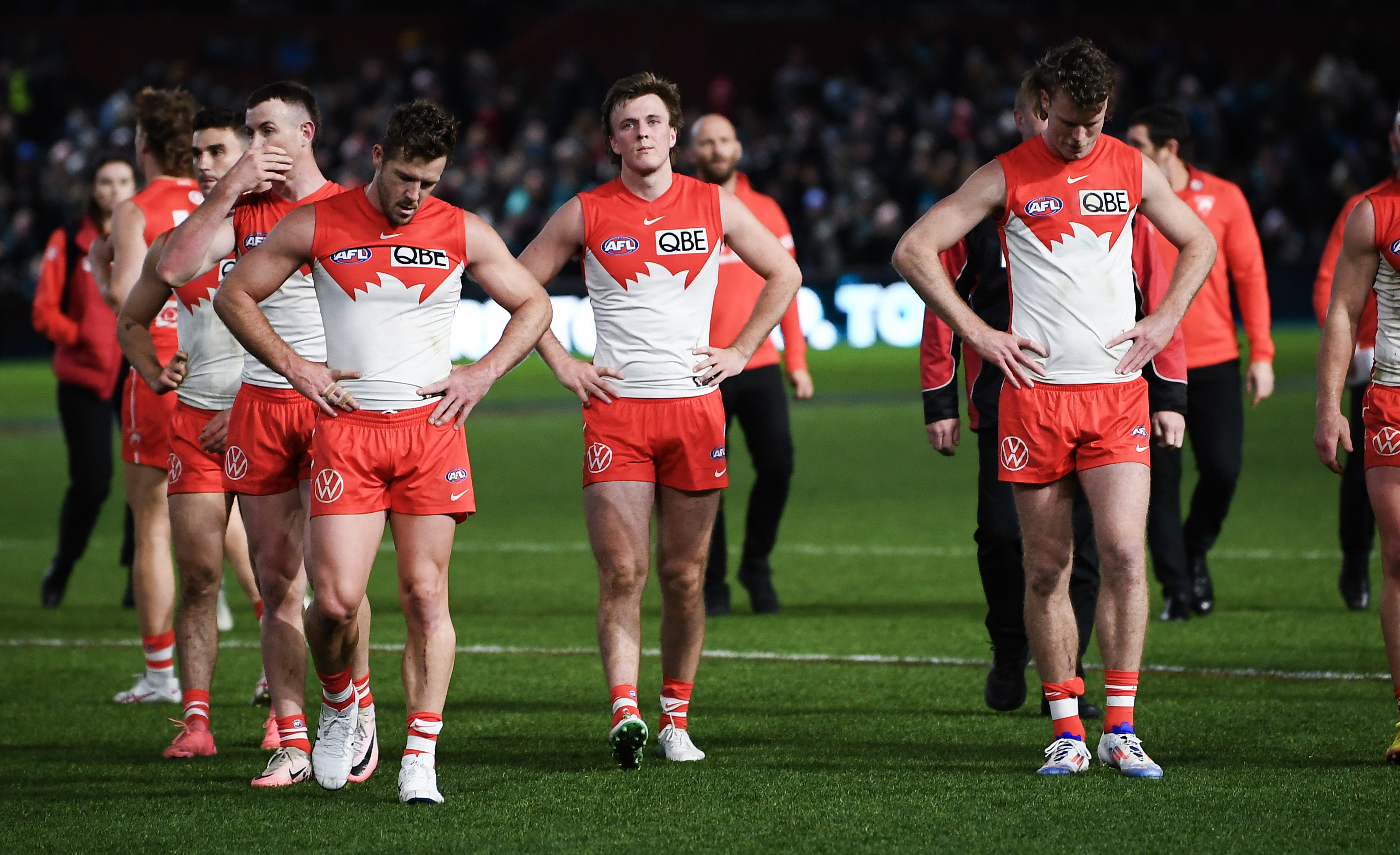 Sydney leave the ground after their round 21 loss to Port Adelaide at Adelaide Oval.