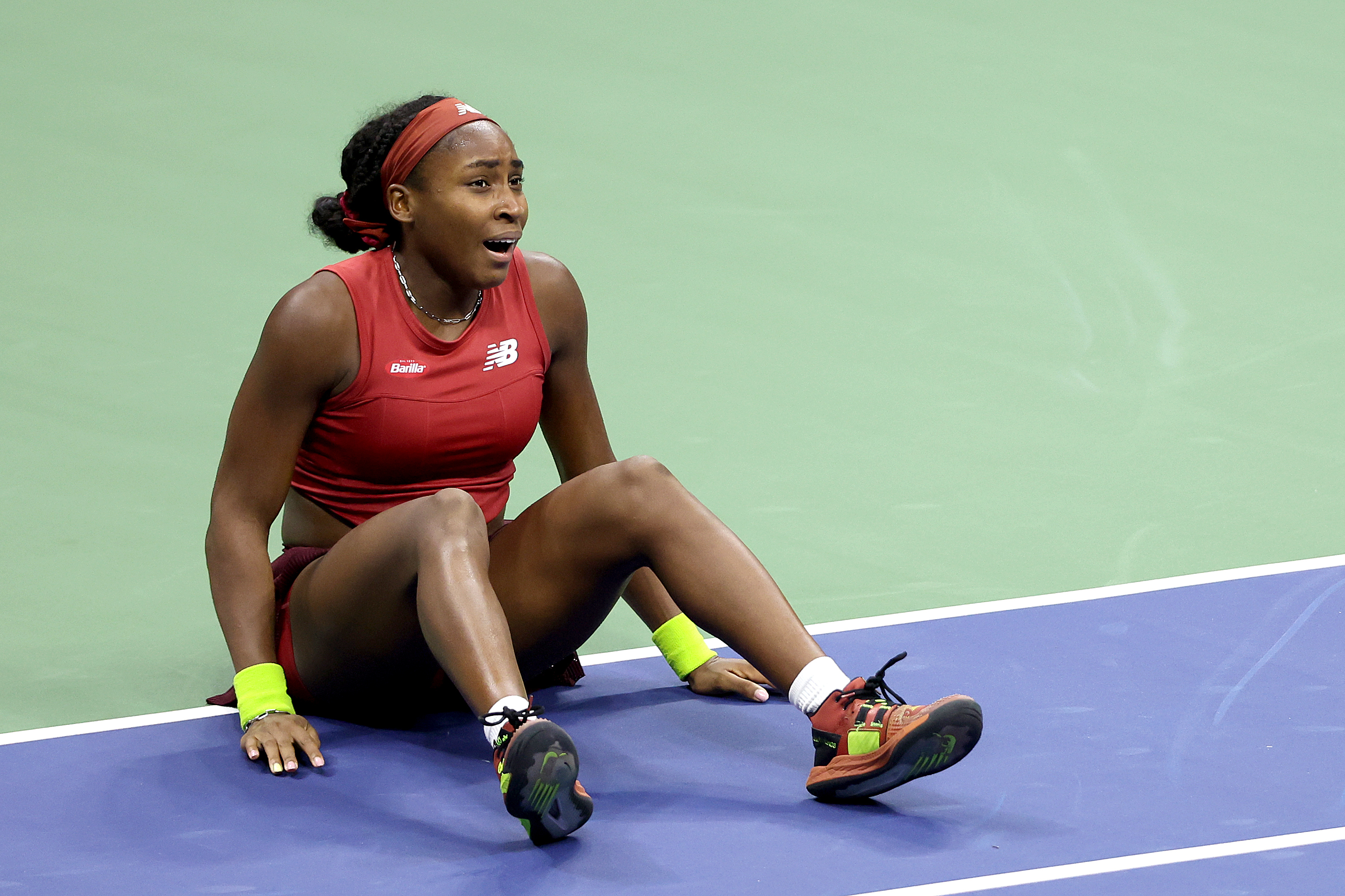 Coco Gauff of the United States celebrates after defeating Aryna Sabalenka of Belarus in their Women's Singles Final match on Day Thirteen of the 2023 US Open at the USTA Billie Jean King National Tennis Center on September 09, 2023 in the Flushing neighborhood of the Queens borough of New York City. (Photo by Matthew Stockman/Getty Images)