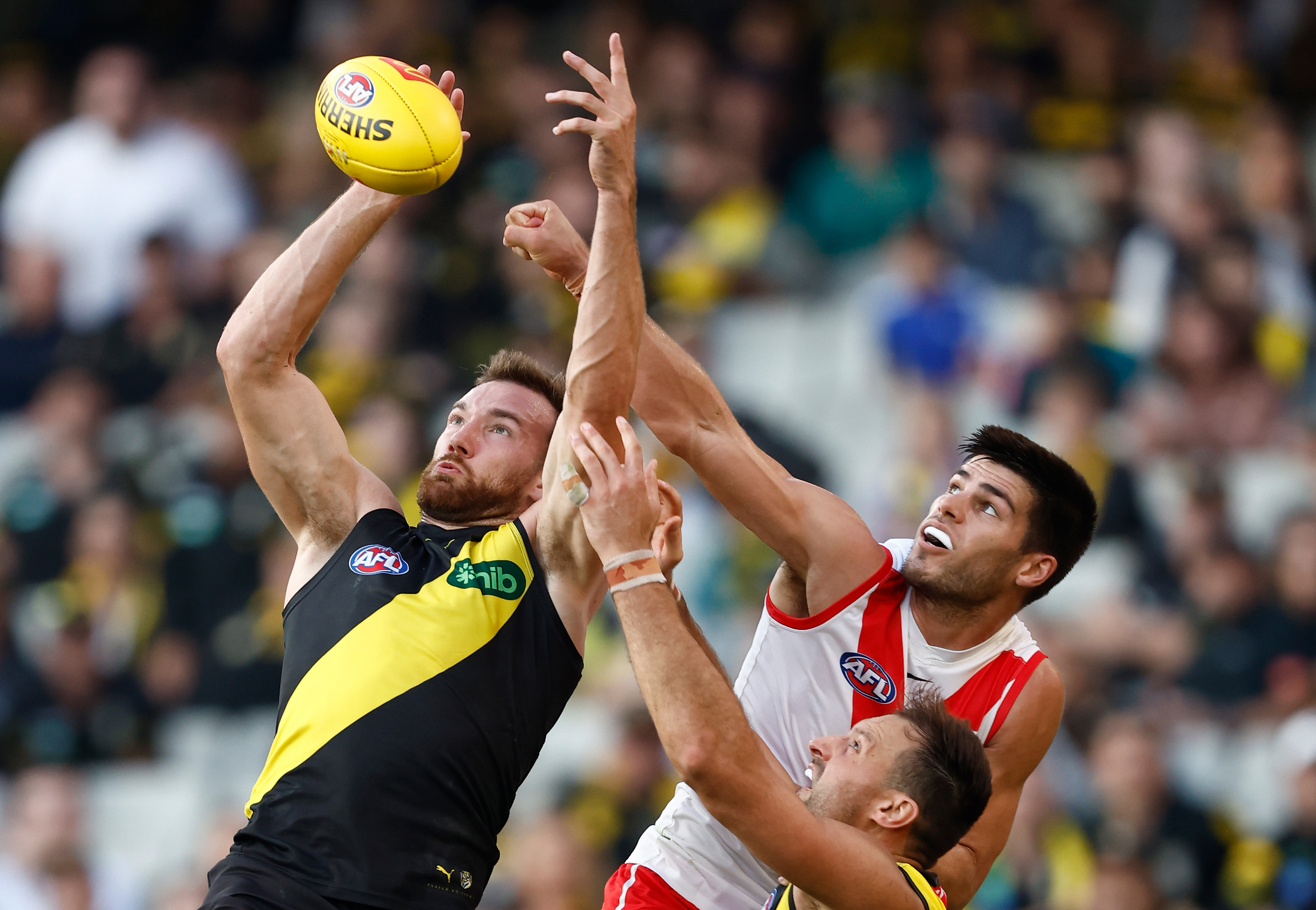 Noah Balta of the Tigers and Lewis Melican of the Swans contest the ball.