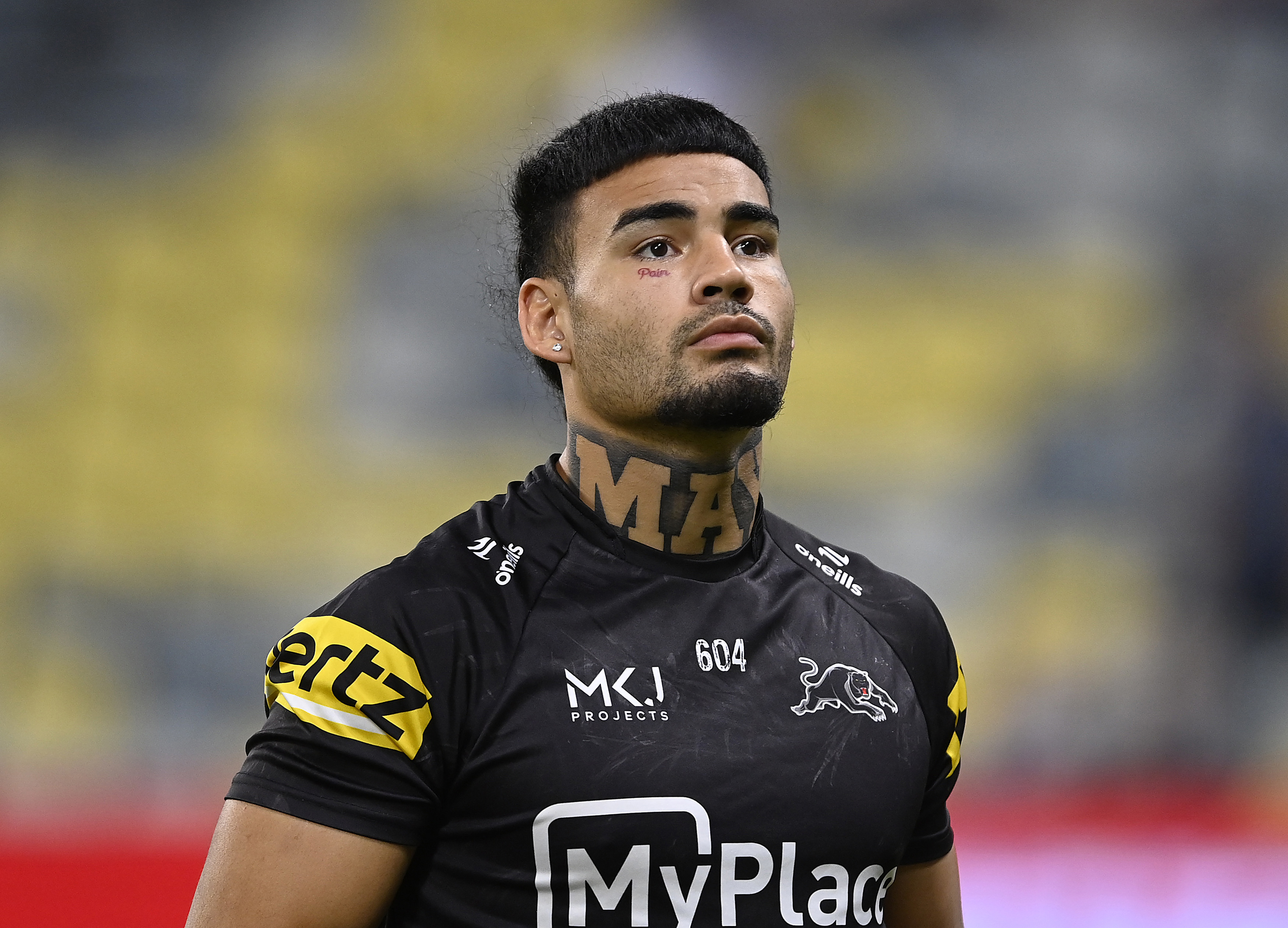 TOWNSVILLE, AUSTRALIA - APRIL 27: Taylan May of the Panthers looks on before the start of the round eight NRL match between North Queensland Cowboys and Penrith Panthers at Qld Country Bank Stadium, on April 27, 2024, in Townsville, Australia. (Photo by Ian Hitchcock/Getty Images)