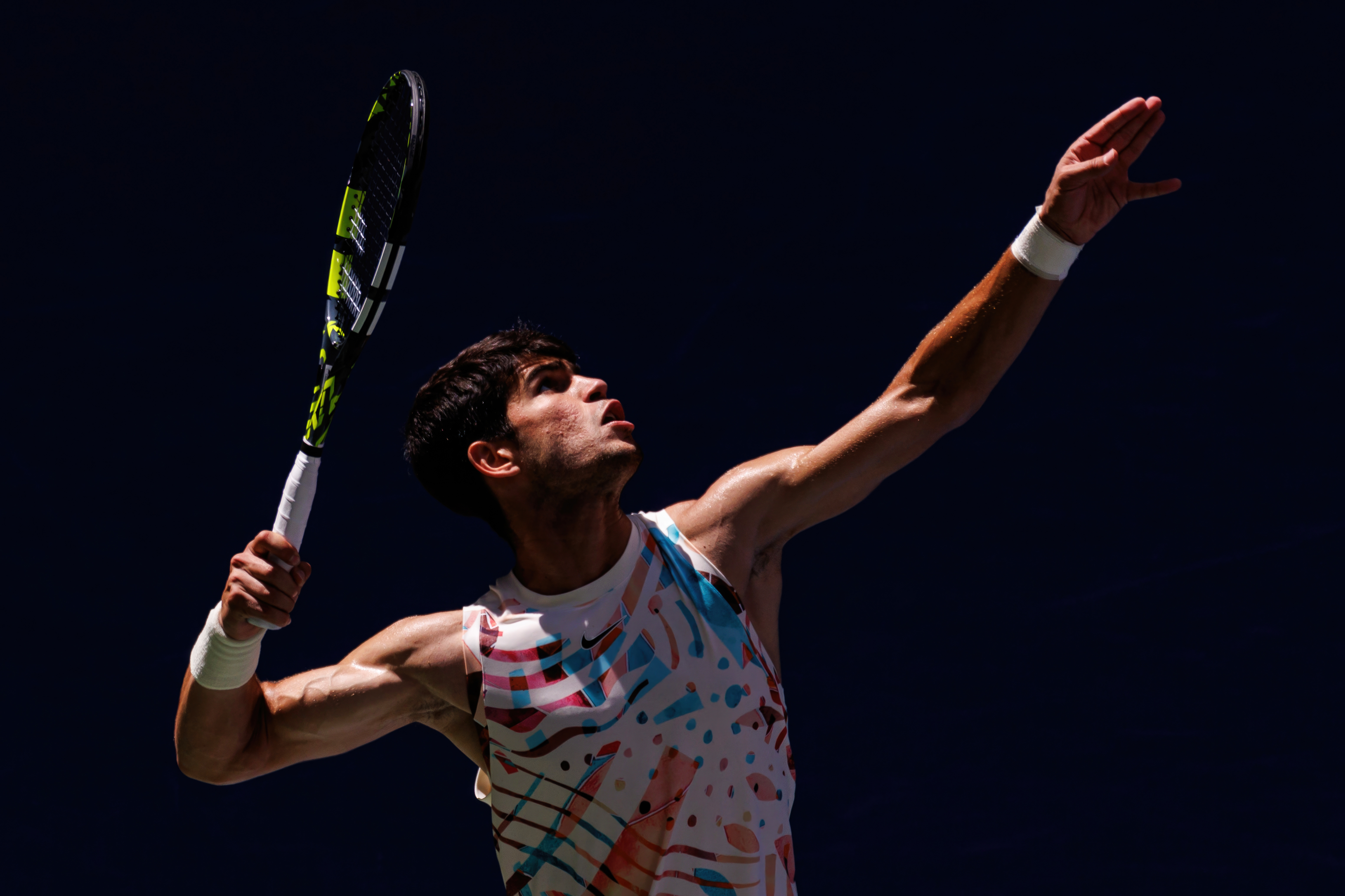  Carlos Alcaraz of Spain serves against Dan Evans of Great Britain in the third round of the US Open at the USTA Billie Jean King National Tennis Center on September 02, 2023 in New York City. (Photo by Frey/TPN/Getty Images)