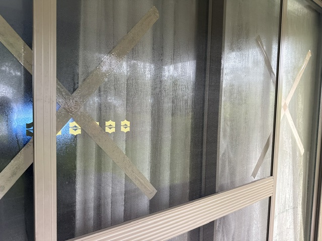 Hotel staff have taped the windows on guest rooms.