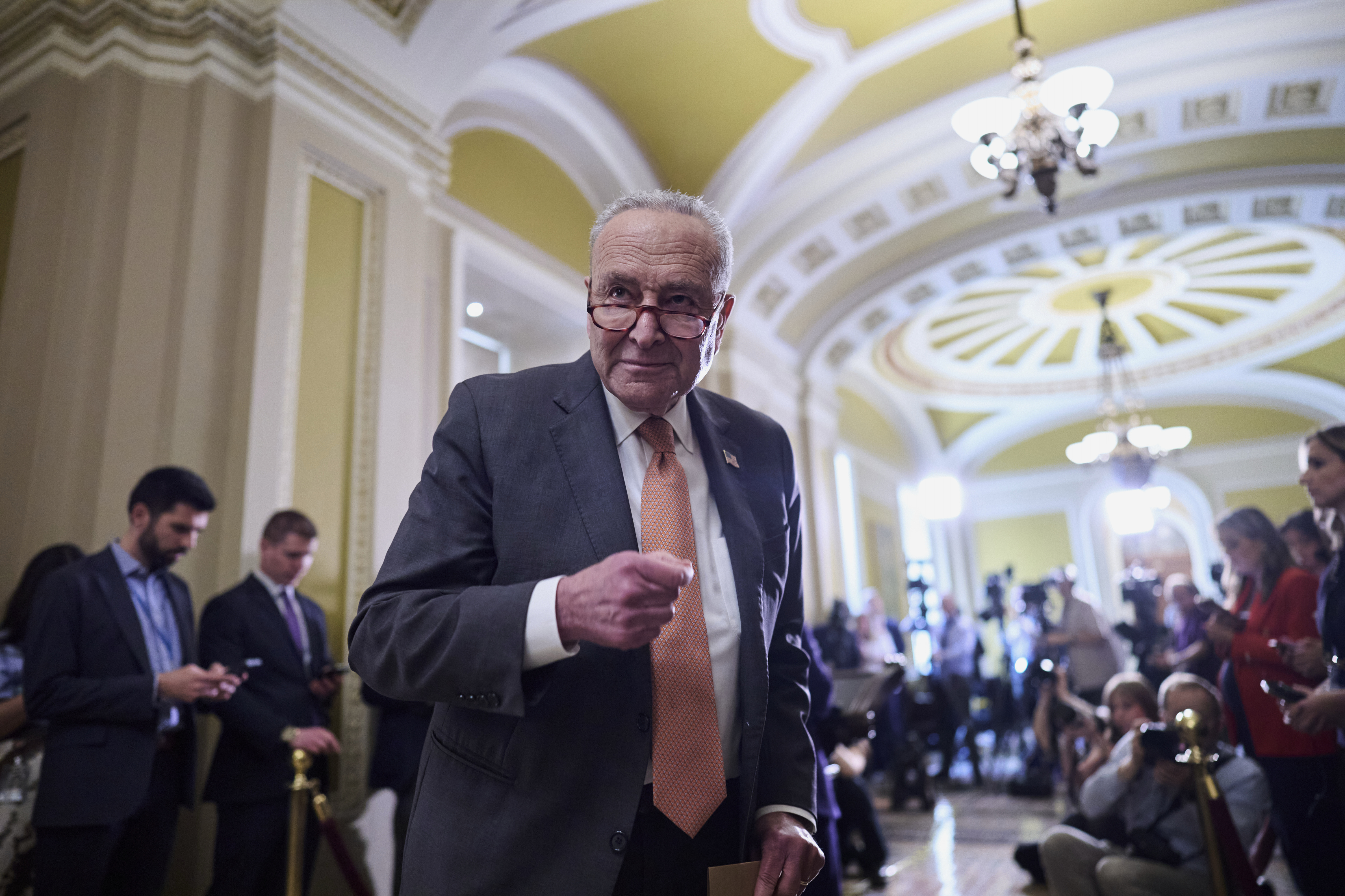 Senate Minority Leader Chuck Schumer, D-N.Y., finishes a news conference where he commented on Elon Musk's criticism of President Donald Trump's spending and tax bill, at the Capitol in Washington, Tuesday, June 3, 2025. (AP Photo/J. Scott Applewhite)