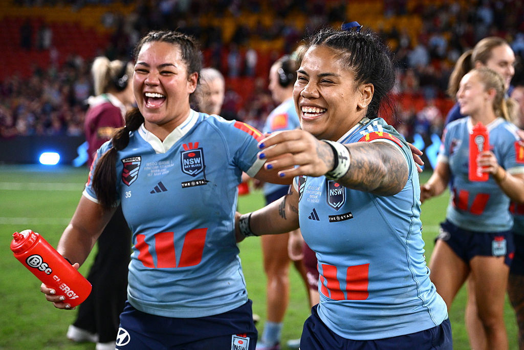 Simaima Taufa and Kennedy Cherrington celebrate NSW's win.