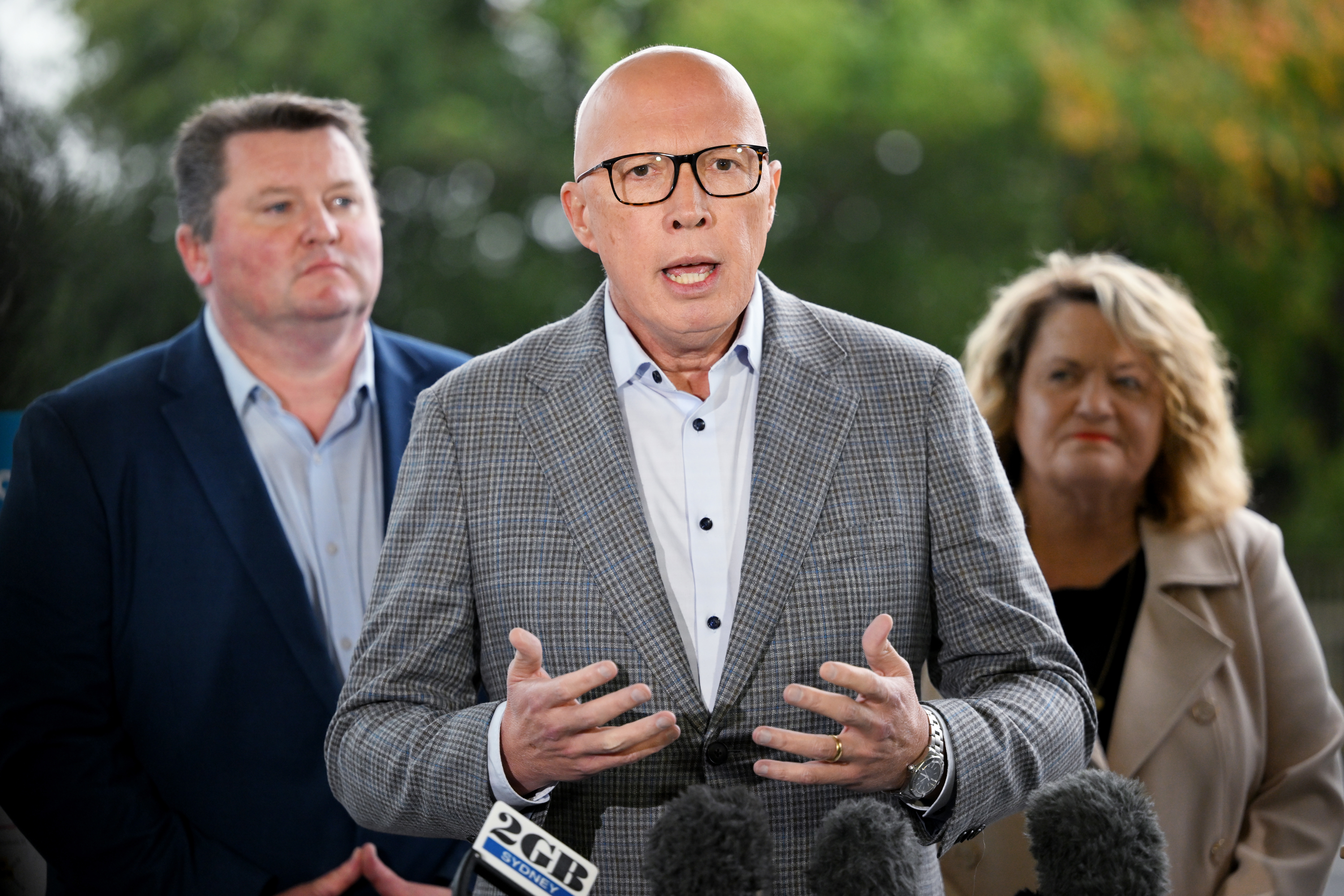 Opposition Leader Peter Dutton speaks during a press conference in the electorate of Whitlam April 29, 2025 in Mos