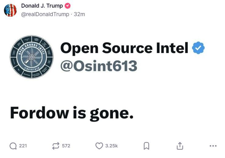 Donald Trump claims Fordow is gone in message to Truth Social