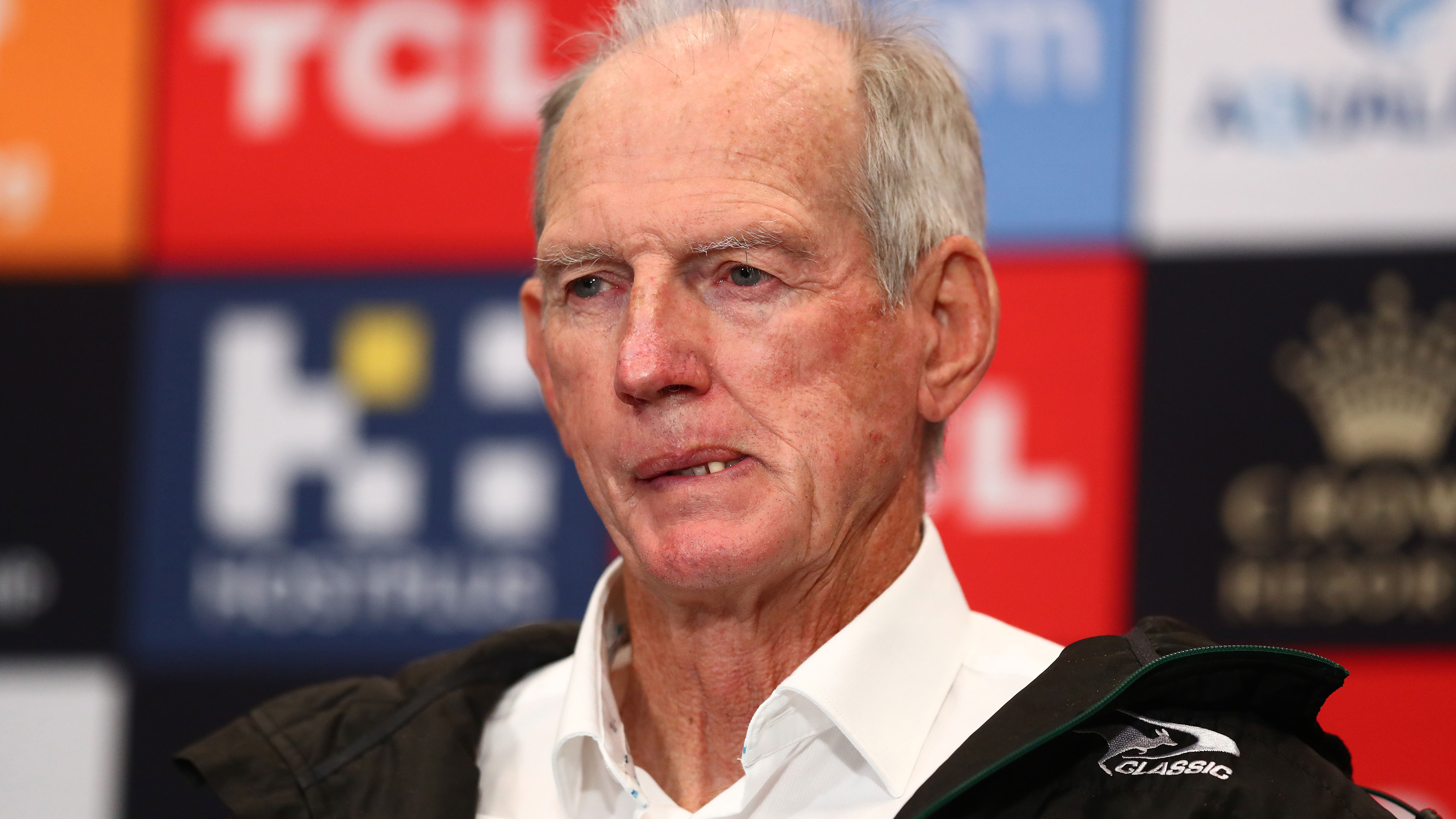 Rabbitohs coach Wayne Bennett speaks to the media.