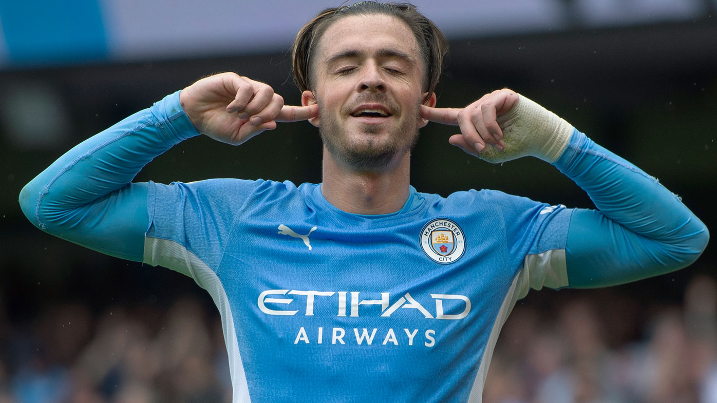 Jack Grealish of Manchester City celebrates scoring their team's second goal during the Premier League match between Manchester City and Norwich City at Etihad Stadium on August 21, 2021 in Manchester, England. (Photo by Joe Prior/Visionhaus/Getty Images)