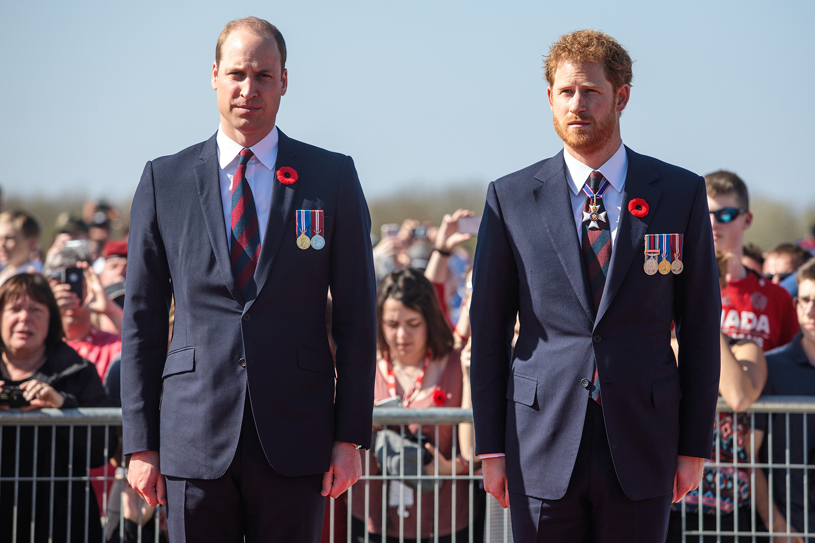 Prince William and Prince Harry arrive at the Canadian National Vimy Memorial on April 9, 2017 in Vimy, France. 