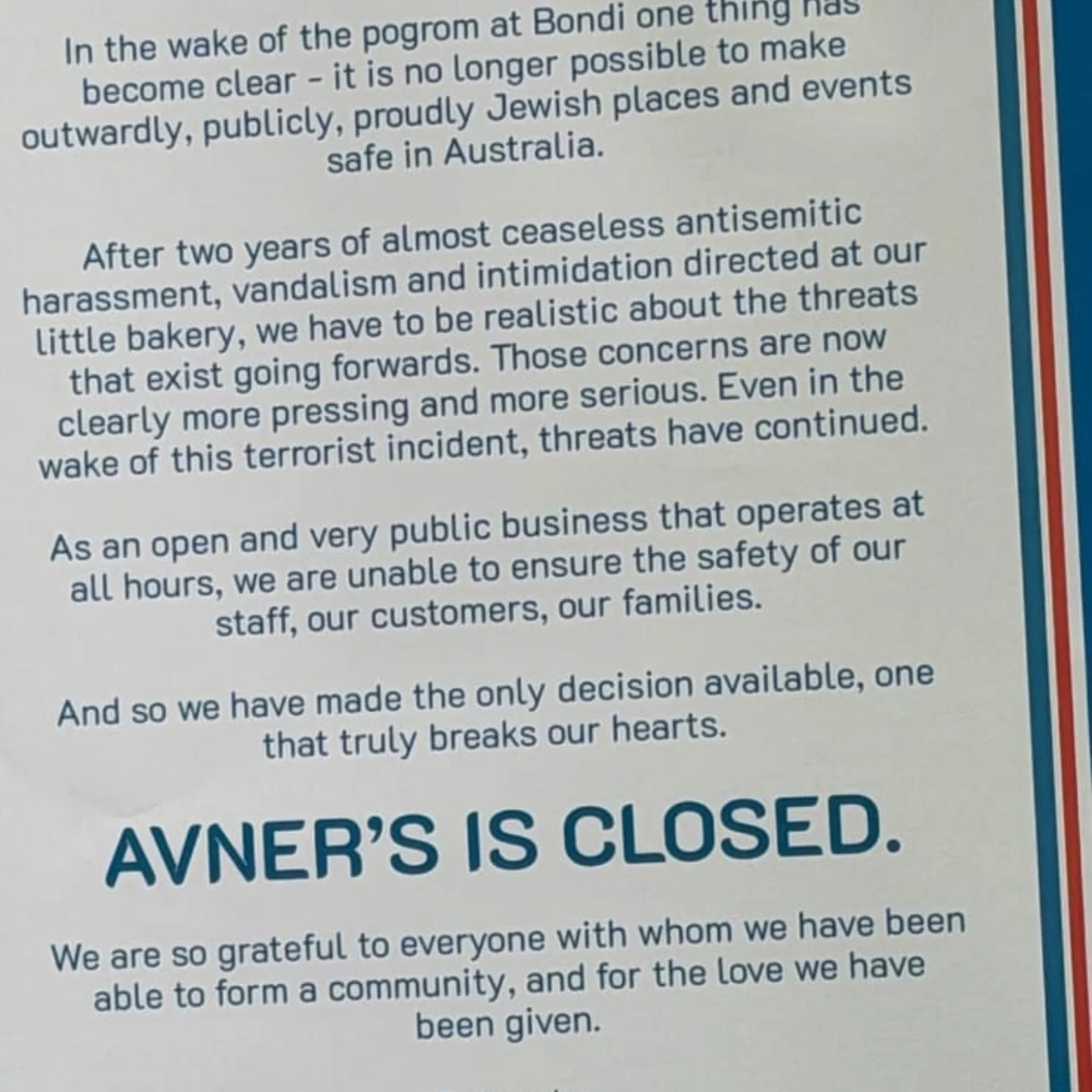 The Australian Jewish Association shared this photo to Instagram, announcing Avner's bakery had closed.