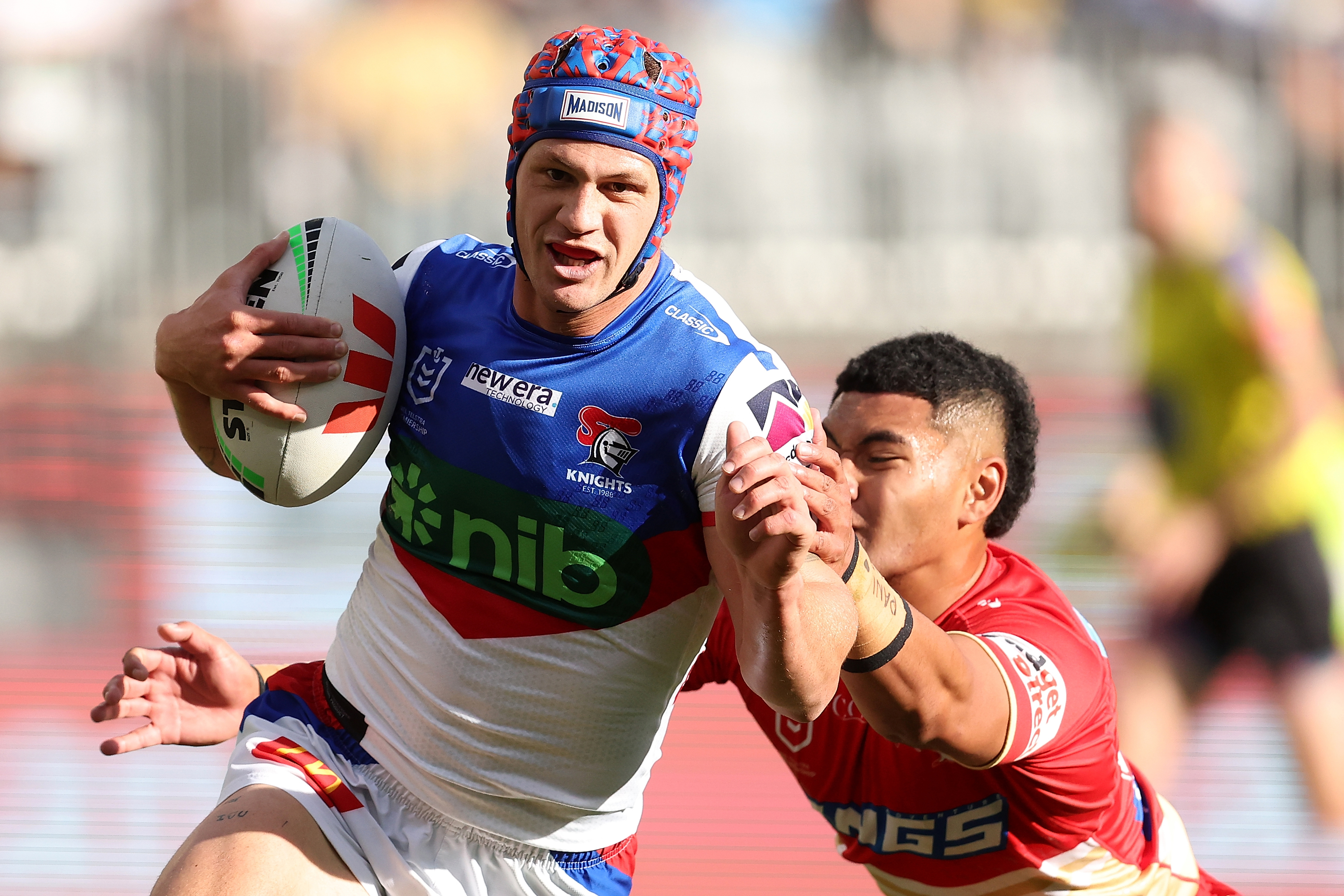 Kalyn Ponga of the Knights runs in for a try during the round 23 NRL match between Dolphins and Newcastle Knights at Optus Stadium on August 05, 2023 in Perth, Australia. (Photo by Paul Kane/Getty Images)