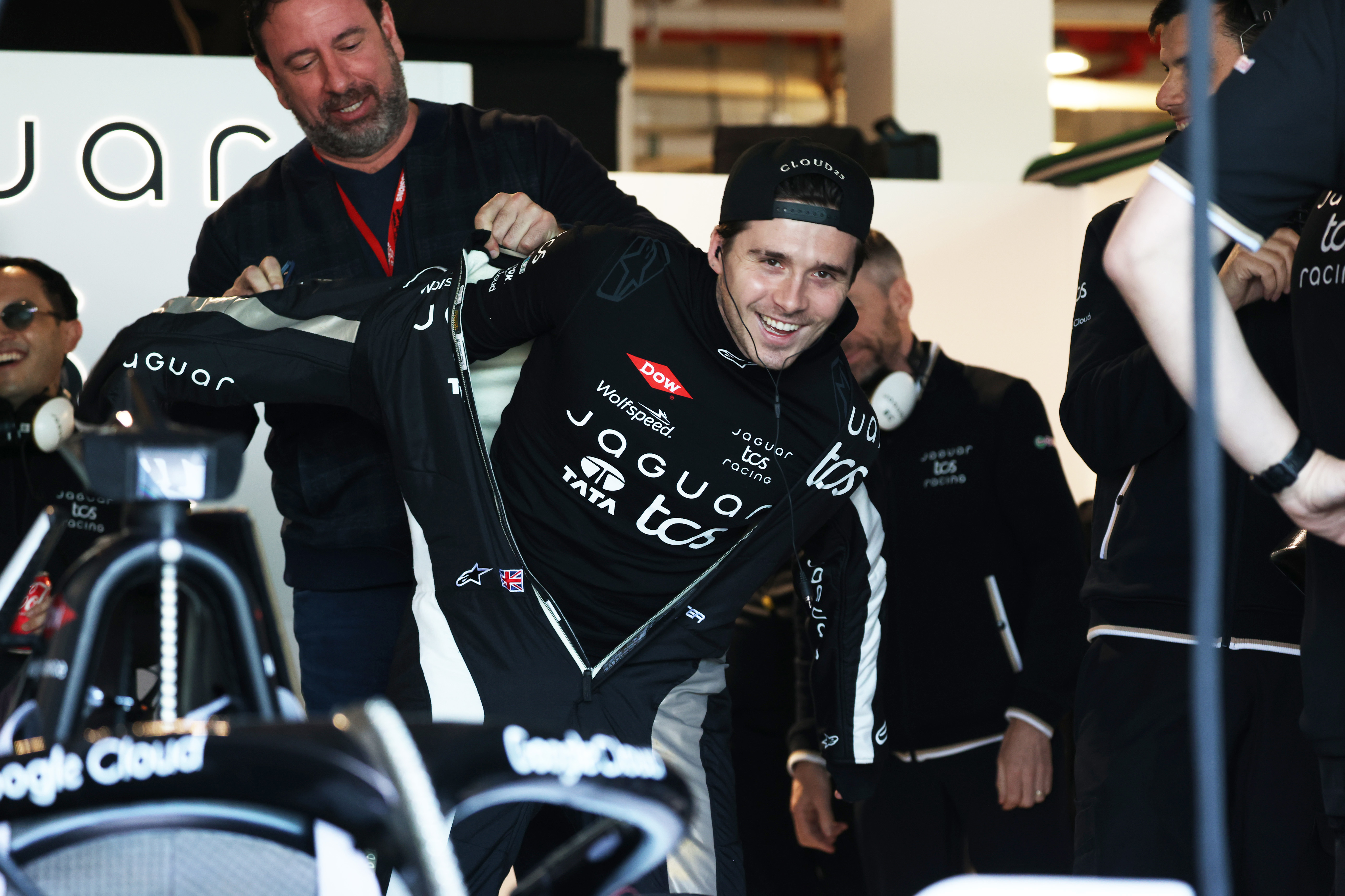 MIAMI, FLORIDA - MARCH 06: Brooklyn Peltz Beckham, entrepreneur, Jaguar TCS Racing prepares to drive in the garage during the second day of the Formula E Evo Sessions at Miami International Autodrome on March 06, 2025 in Miami, Florida. (Photo by Andrew Ferraro/LAT Images)