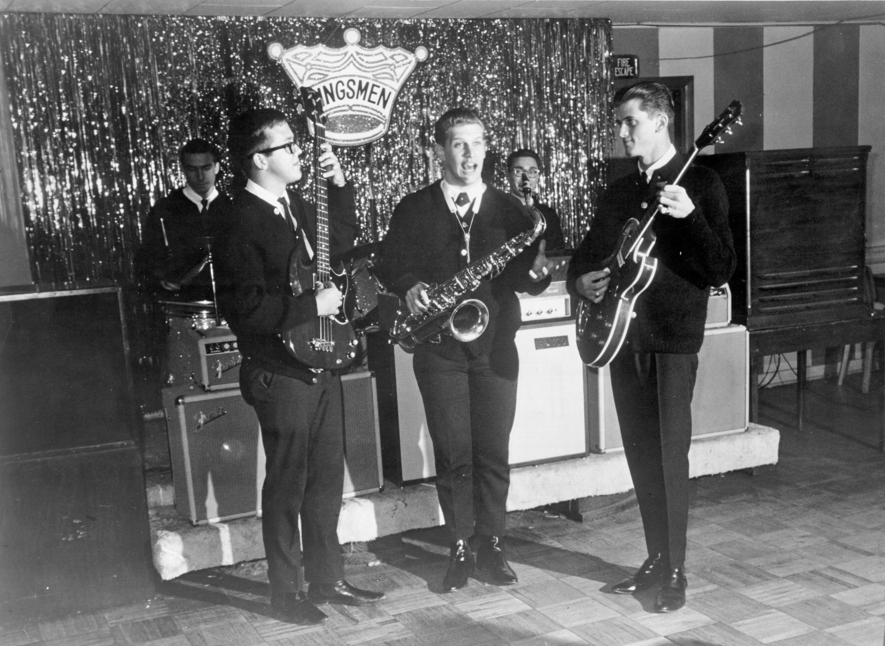 (L-R) Dick Peterson, Norm Sundholm, Lynn Easton, Barry Curtis and Mike Mitchell of the rock and roll band "The Kingsmen" pose for a portrait in circa 1965. 