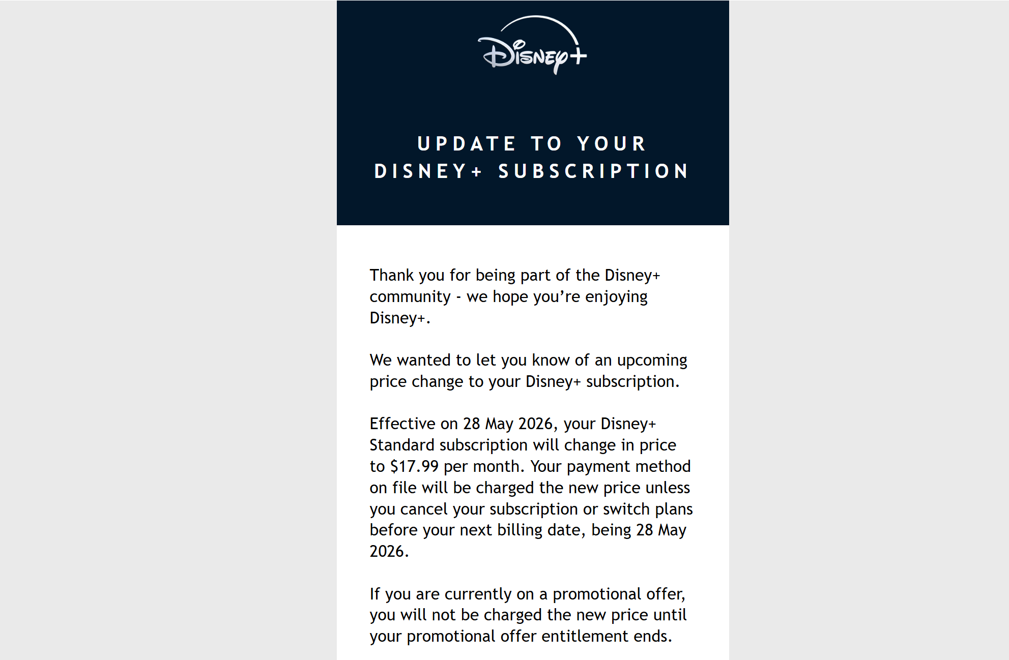 Disney + informed Australian customers of the price change in an email today.