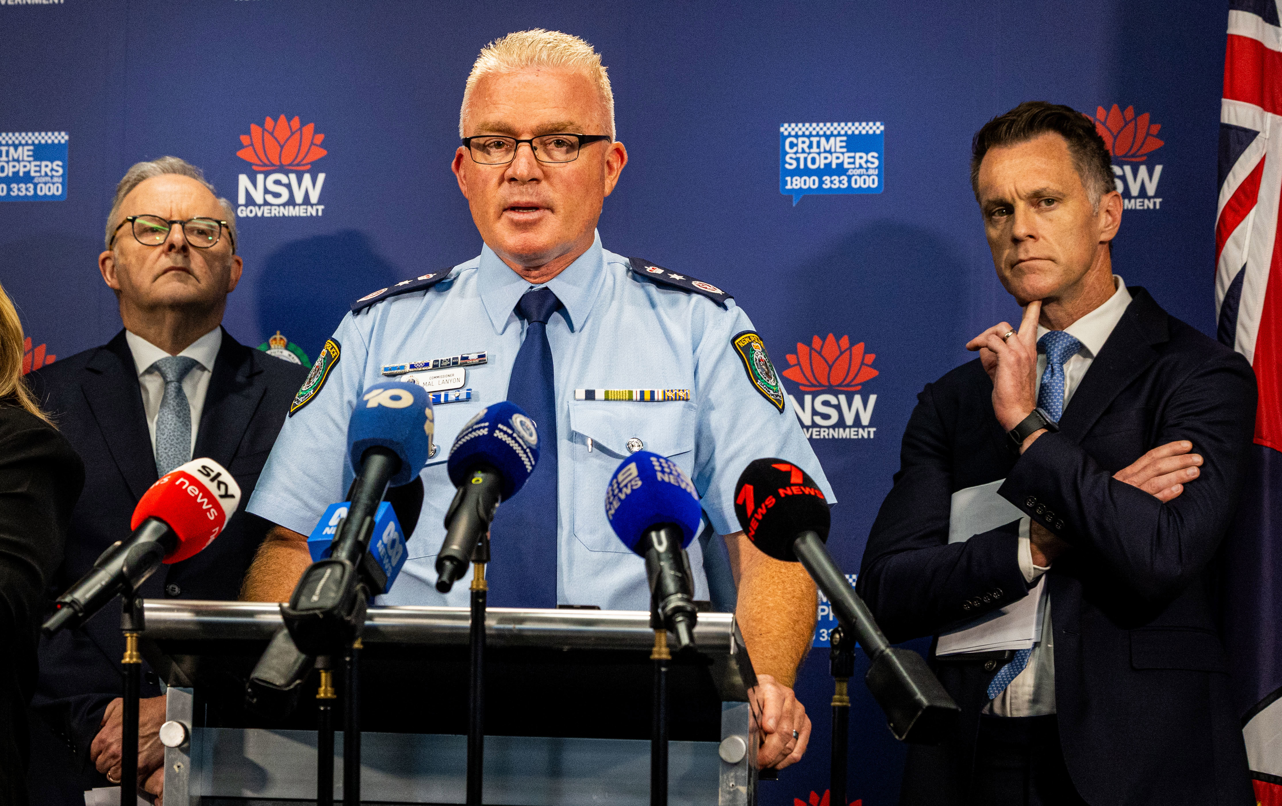 Prime Minister Anthony Albanese, Premier of NSW Chris Minns,  and  NSW Police Commissioner Mal Lanyon provide an update on the Bondi Beach shooting at a press conference at NSW Police Executive offices in Sydney, Tuesday, 16 December 2025.