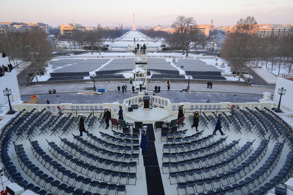 Members of the US military on stage during the rehearsal at the US Capitol 