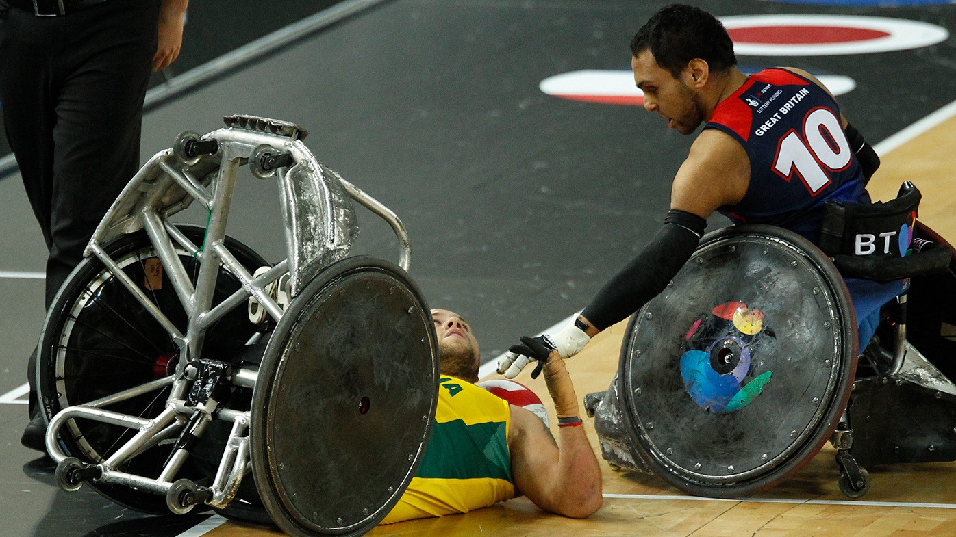 Ryley Batt of Australia and Ayaz Bhuta of Great Britain during the 2015 BT World Wheelchair Rugby Challenge match.