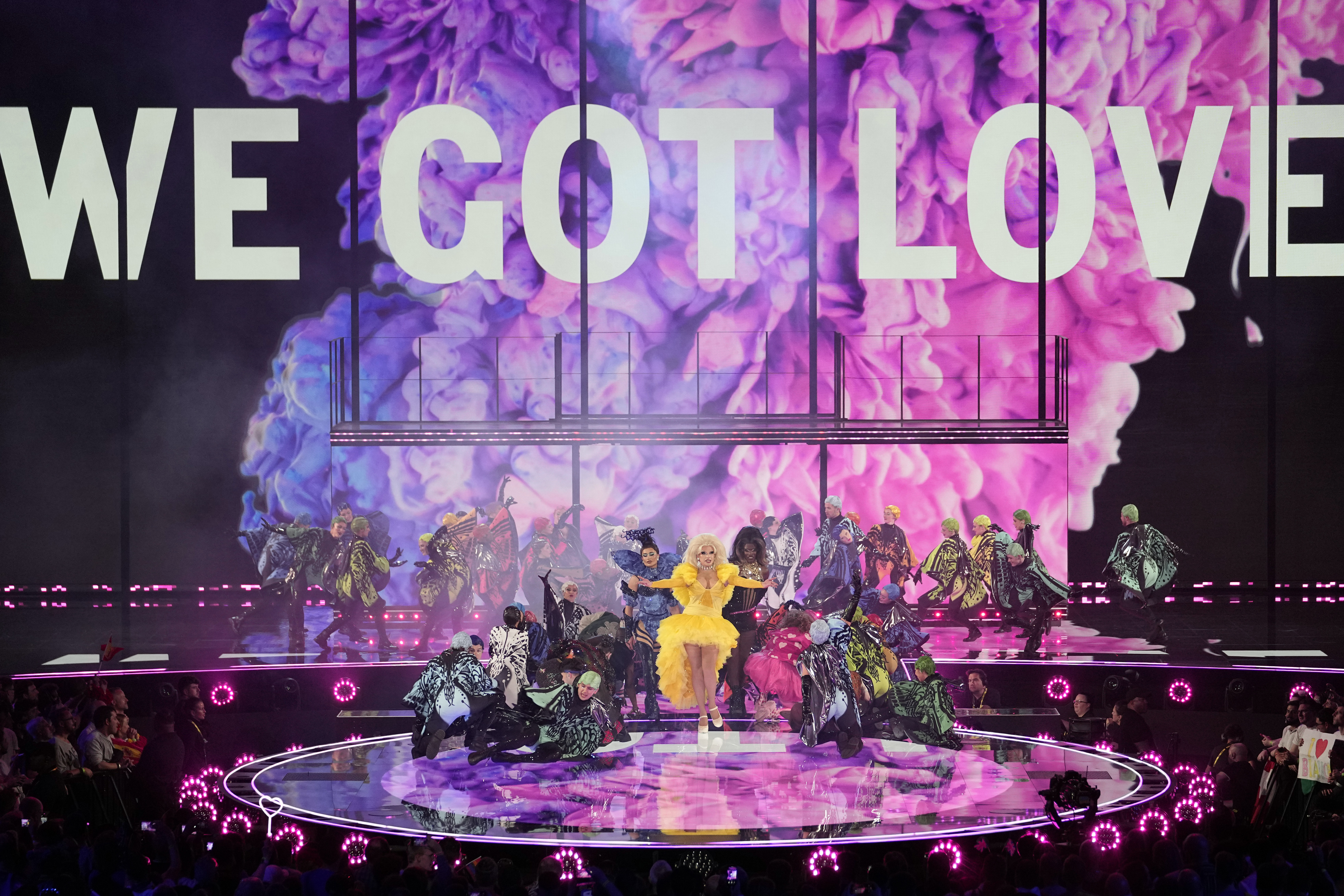 Drag acts perform during the second semi final at the Eurovision Song Contest in Liverpool, England, Thursday, May 11, 2023. 