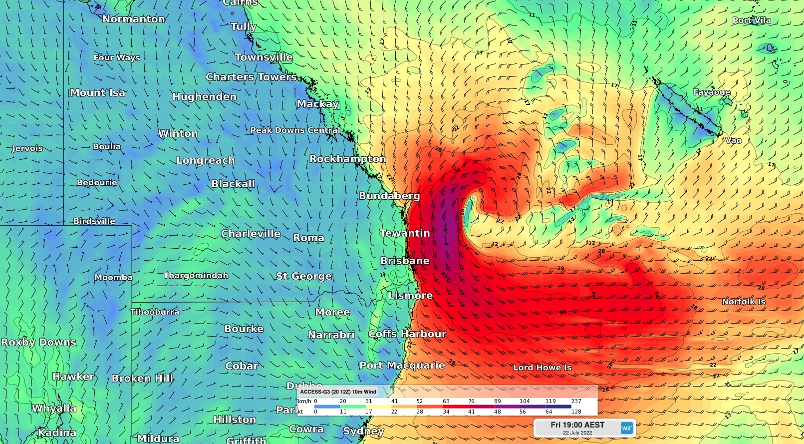 The severe weather is being caused by an east coast low swirling off Queensland.