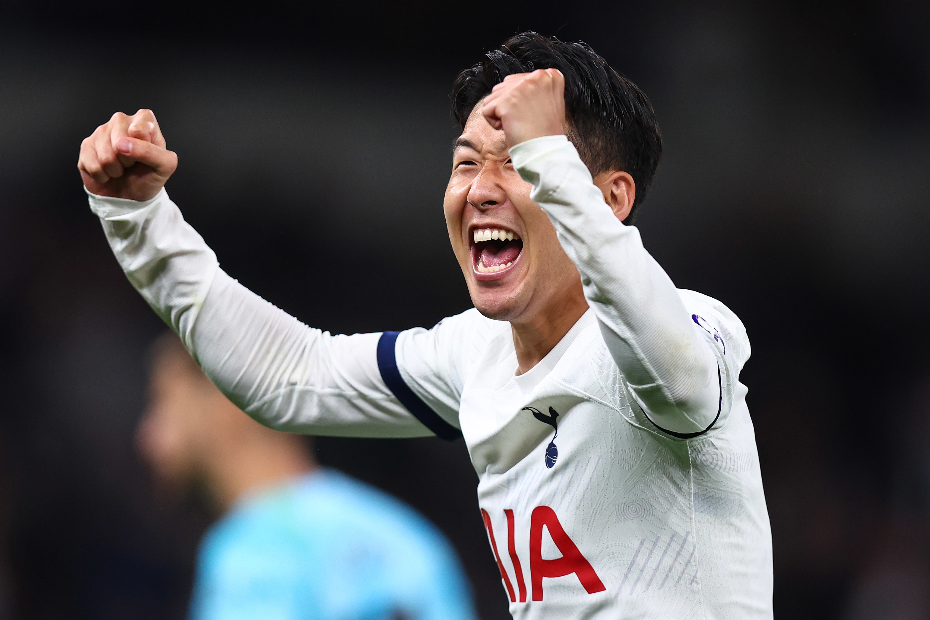 Son Heung-Min of Tottenham Hotspur celebrates their victory during the Premier League match between Tottenham Hotspur and Liverpool FC at Tottenham Hotspur Stadium on September 30, 2023 in London, England. (Photo by Charlotte Wilson/Offside/Offside via Getty Images)