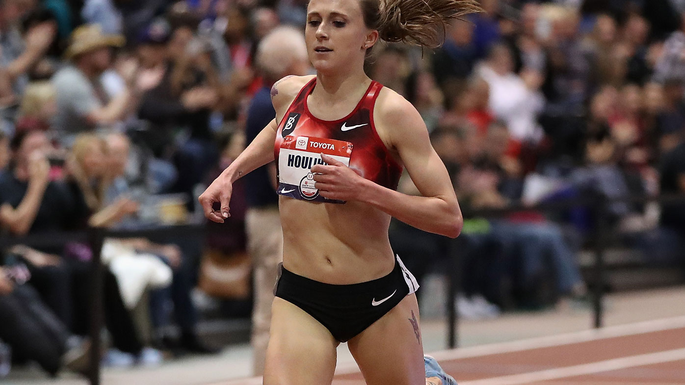 Shelby Houlihan crosses the finish line to win the Women's 3000 Metres during the 2020 Toyota USATF Indoor Championships.
