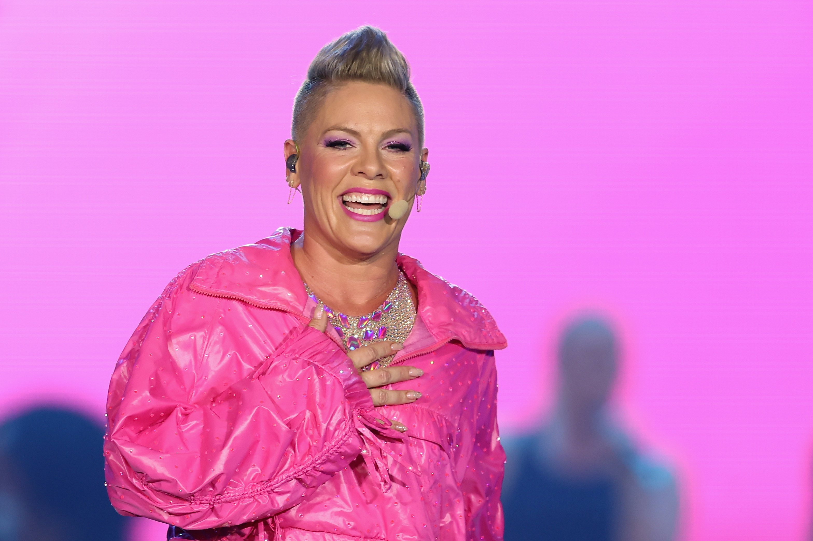 P!nk (Pink, or Alecia Moore) performs during her Summer Carnival tour at Chase Field on October 09, 2023 in Phoenix, Arizona. 
