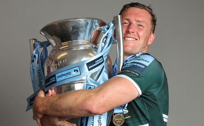 Harry Potter of Leicester poses with the Premiership trophy.