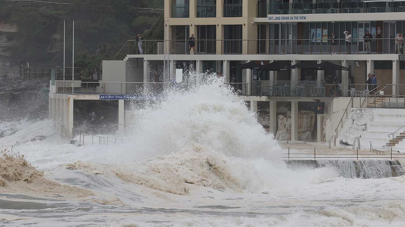 Big surf during high tide at Bondi Beach in Sydney.