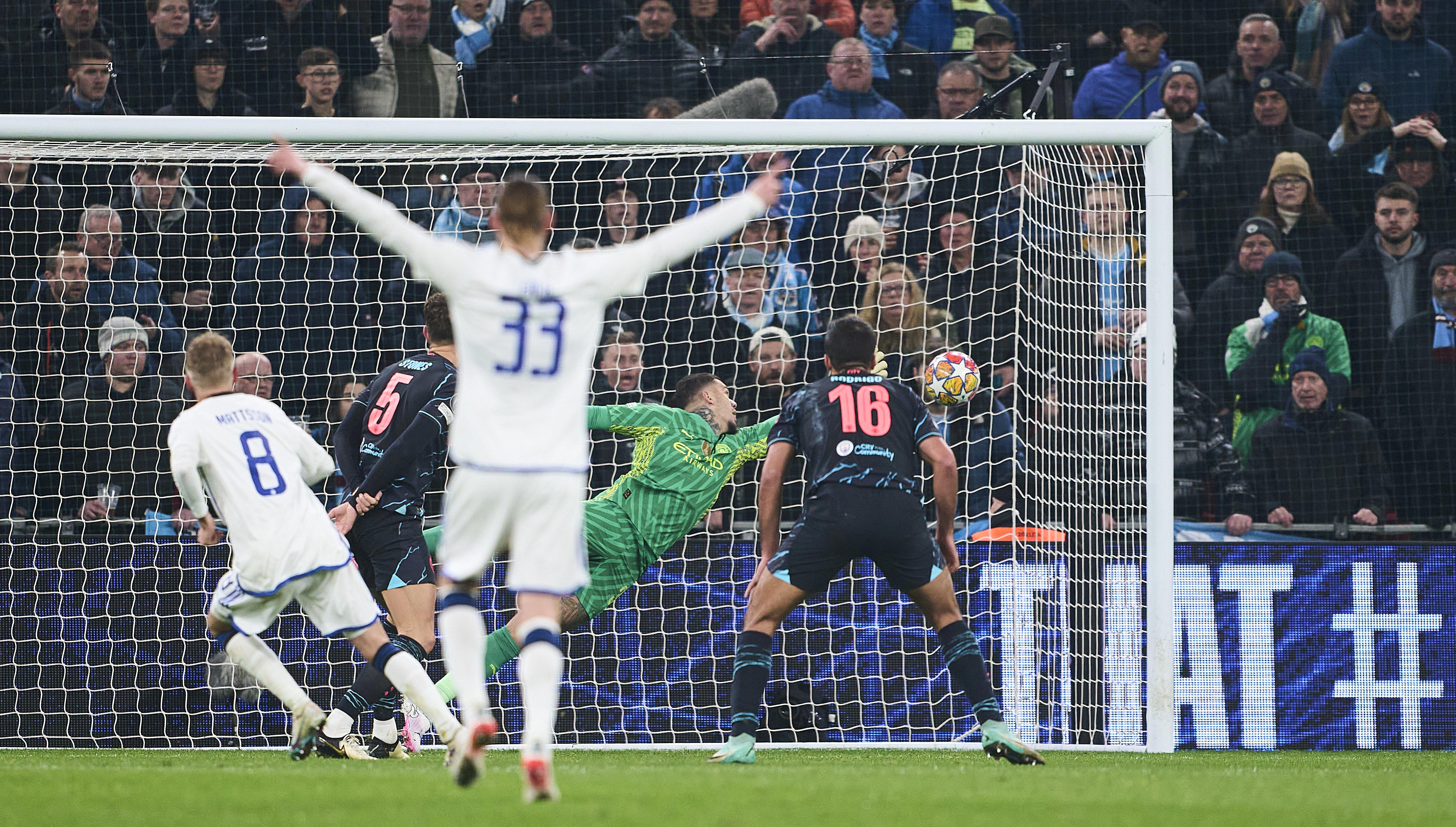 Magnus Mattsson of FC Copenhagen scores the 1-1 goal against goalkeeper Ederson of Manchester City during the UEFA Champions League round of 16.