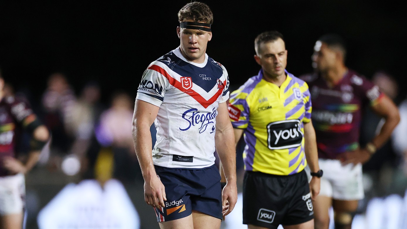 Sydney Roosters forward Egan Butcher after being sin binned in the final seconds of Thursday night's NRL win over Manly Sea Eagles.