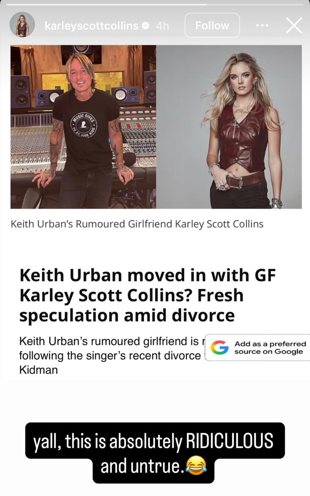 Singer Karley Scott Collins addresses rumours she's dating Keith Urban