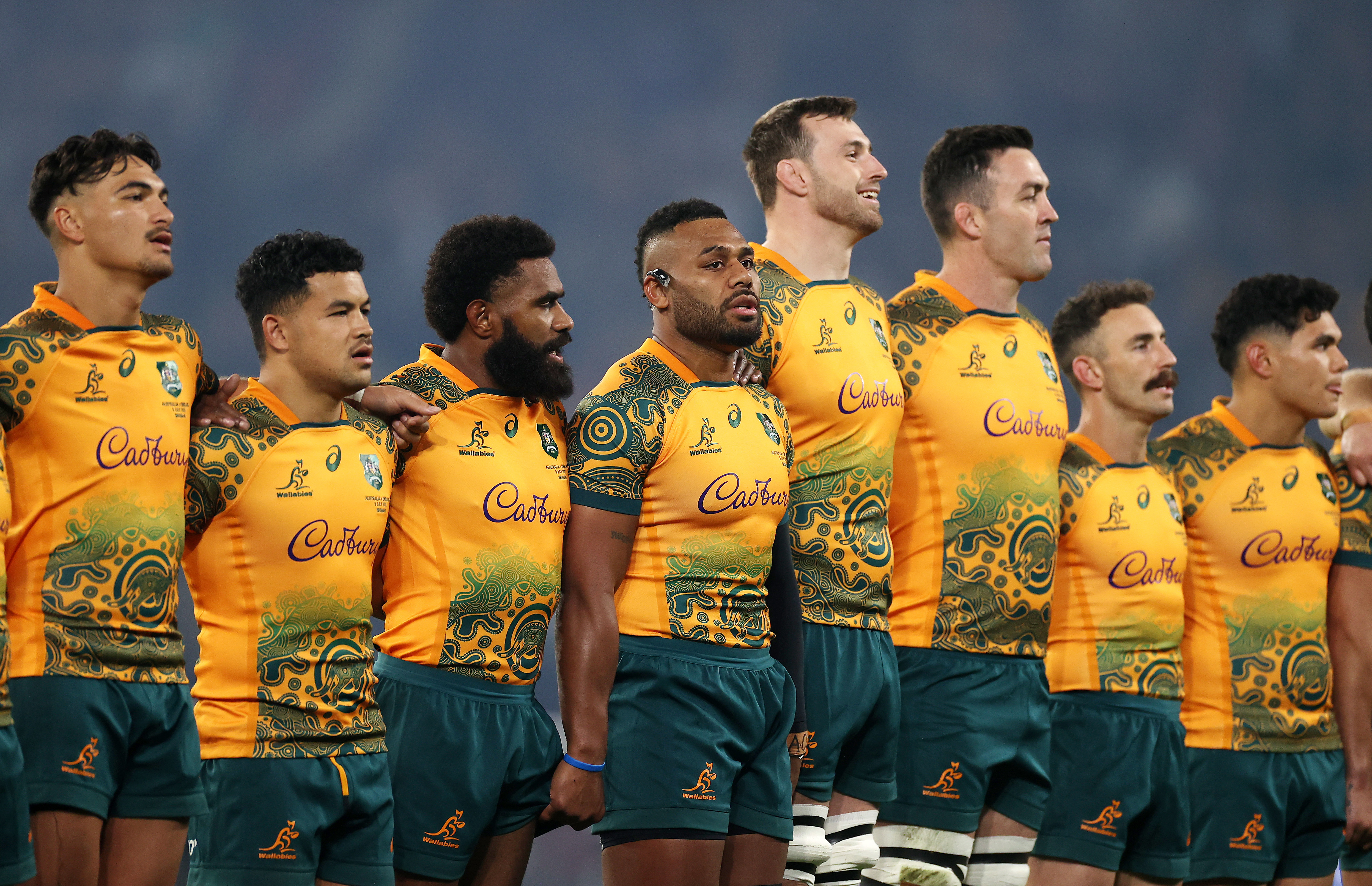 The Wallabies sing the national anthem. 