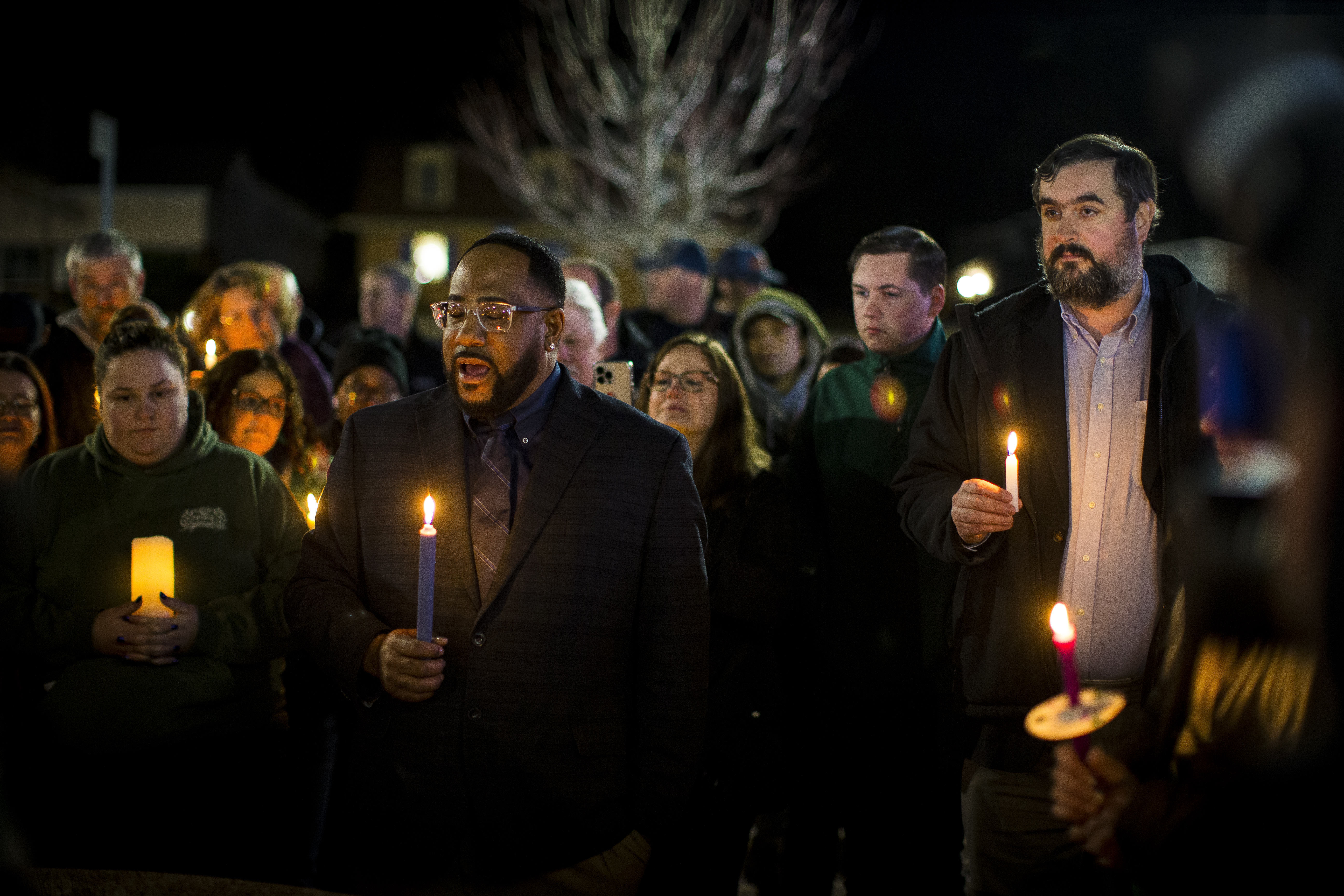 Newport News Councilman Elect John Eley, South District 3, speaks at a candlelight vigil in honor of Richneck Elementary School first-grade teacher Abby Zwerner at the School Administration Building in Newport News, Va., Monday, Jan. 9, 2023. 