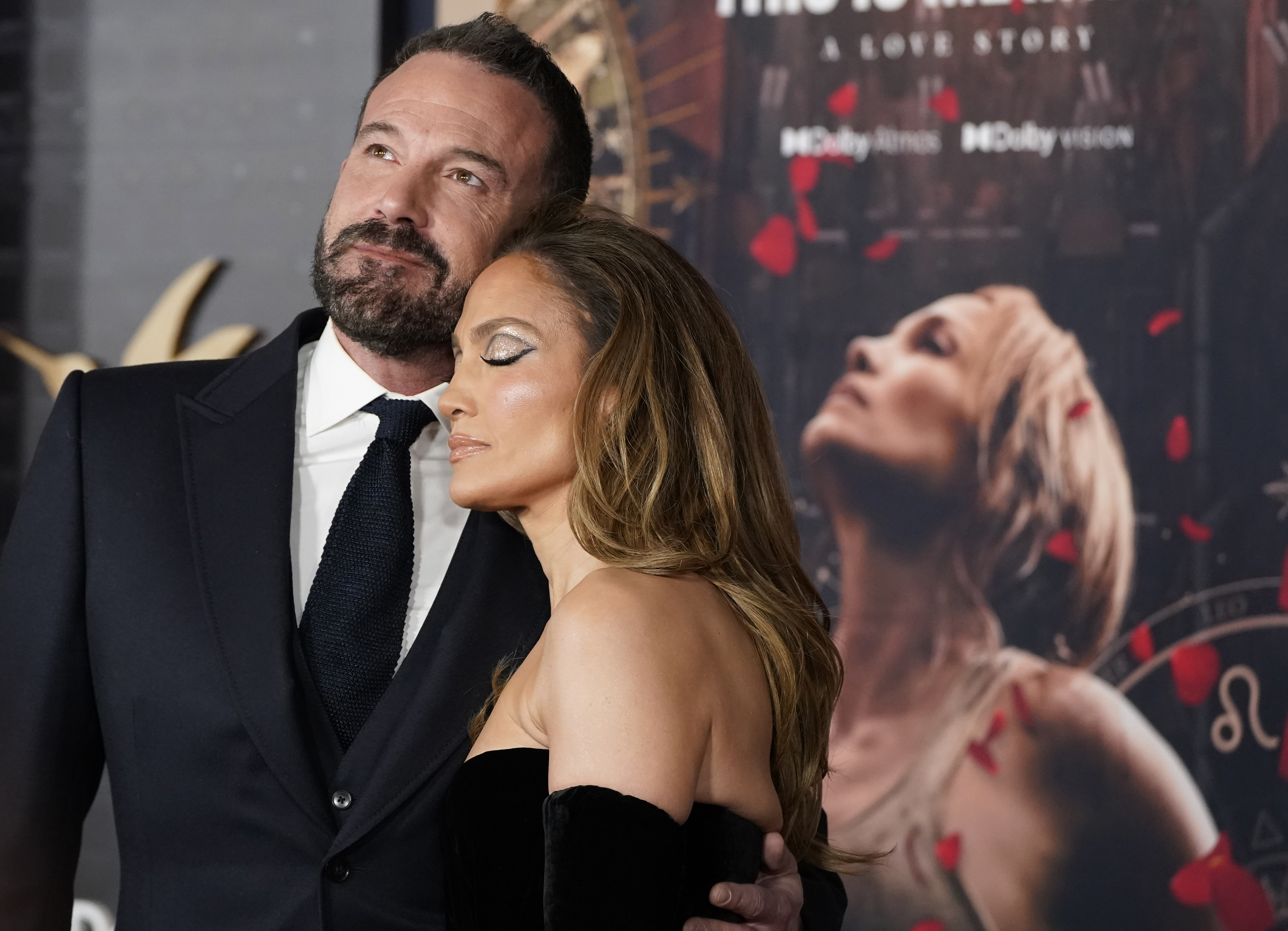 Ben Affleck and Jennifer Lopez arrive at the premiere of "This Is Me... Now: A Love Story" on Tuesday, Feb. 13, 2024, at the Dolby Theatre in Los Angeles. 