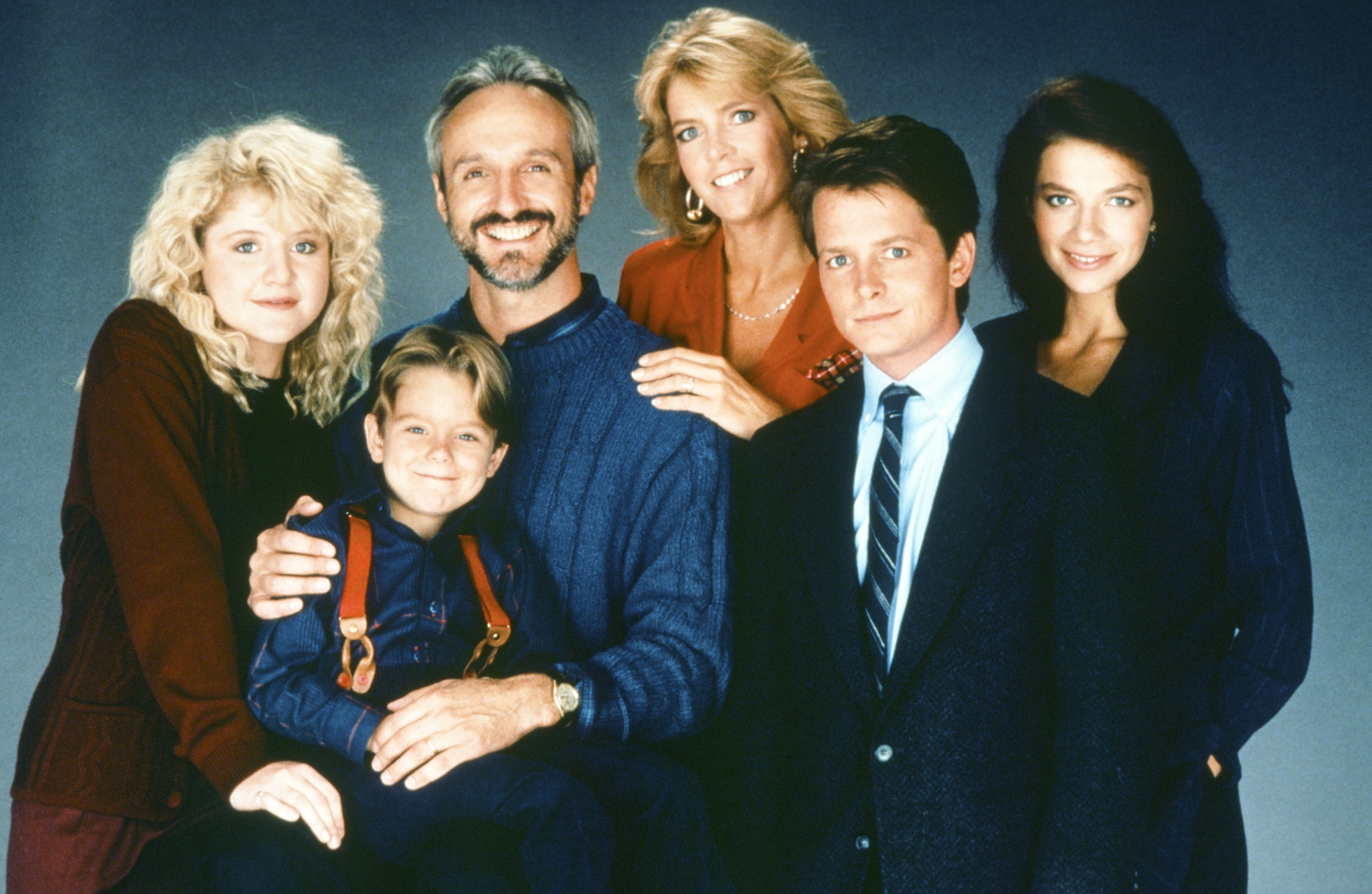 Family Ties cast. Tina Yothers as Jennifer Keaton, Brian Bonsall as Andrew 'Andy' Keaton, Michael Gross as Steven Keaton, Meredith Baxter as Elyse Keaton, Michael J. Fox as Alex P. Keaton, Justine Bateman as Mallory Keaton.